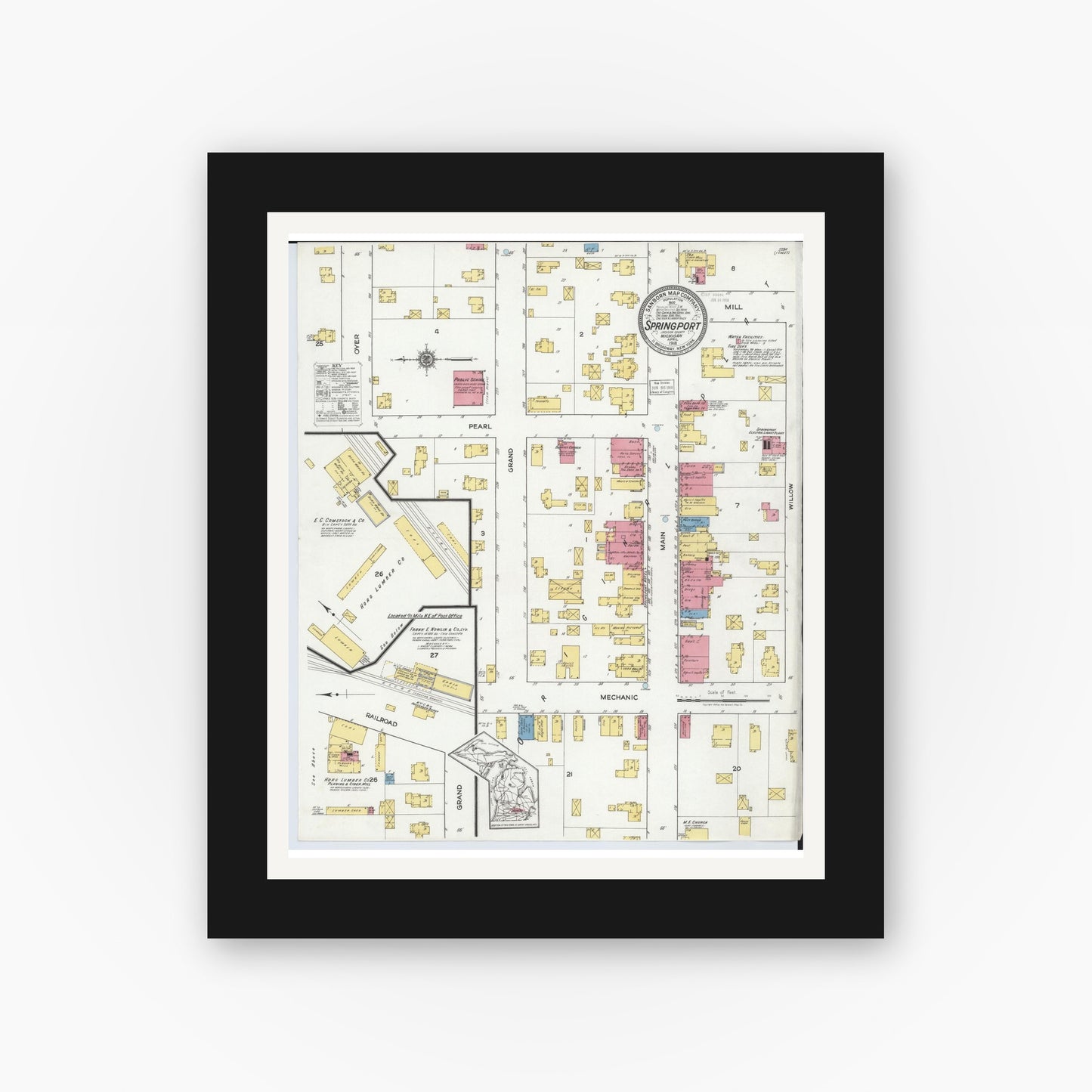 Old map wall art mockup — black gallery frame with white mat — Sanborn Fire Insurance Map from Springport, Jackson County, Michigan (1918), Sheet #0001