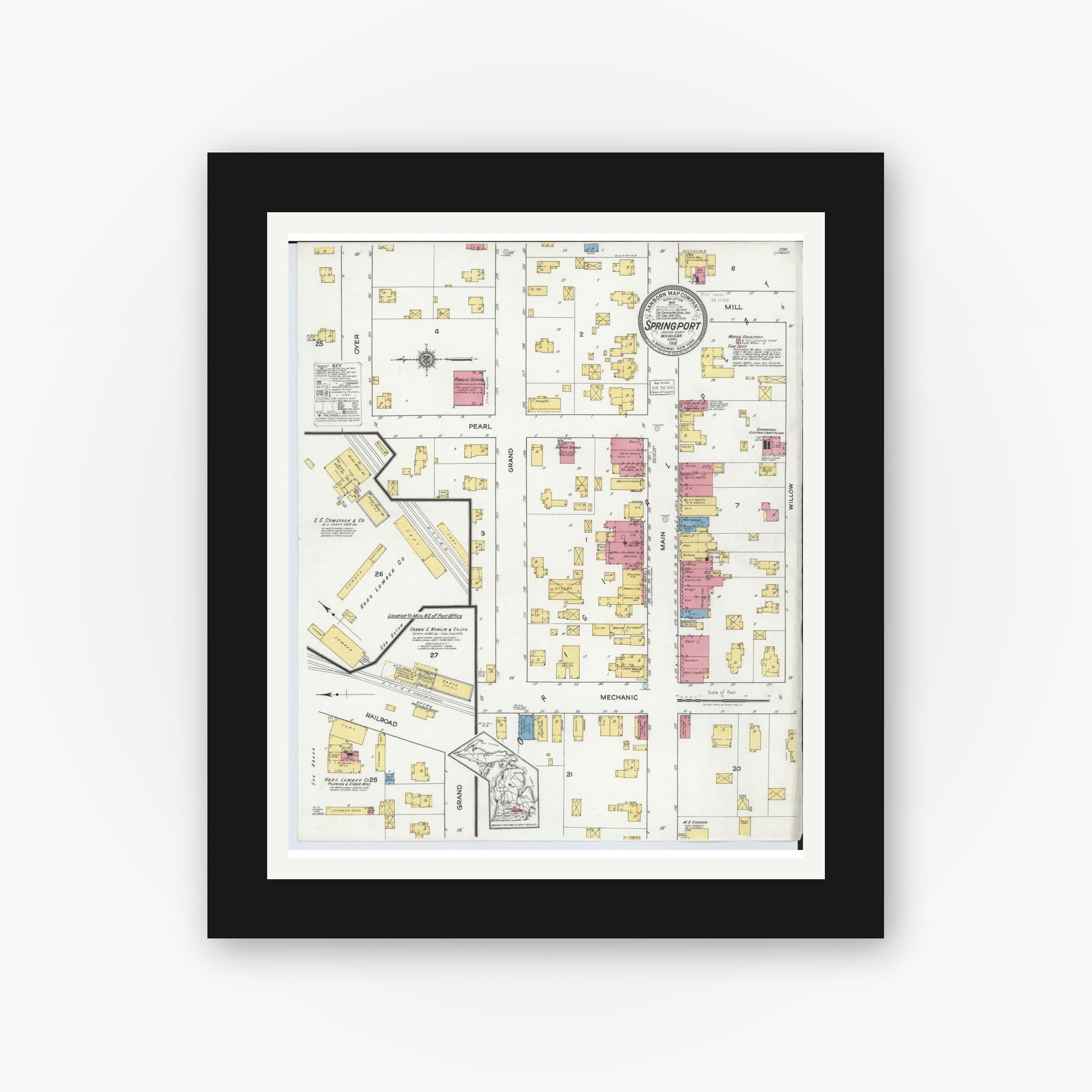 Old map wall art mockup — black gallery frame with white mat — Sanborn Fire Insurance Map from Springport, Jackson County, Michigan (1918), Sheet #0001