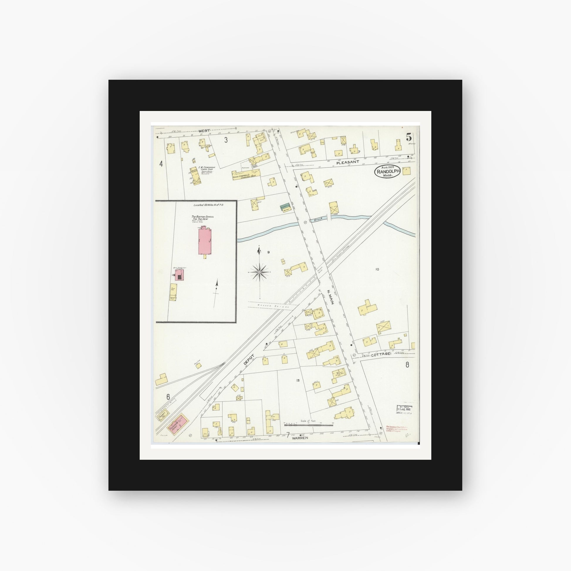 Old map wall art mockup — black gallery frame with white mat — Sanborn Fire Insurance Map from Randolph, Norfolk County, Massachusetts (1909), Sheet #0005