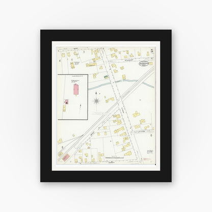 Old map wall art mockup — black gallery frame with white mat — Sanborn Fire Insurance Map from Randolph, Norfolk County, Massachusetts (1909), Sheet #0005