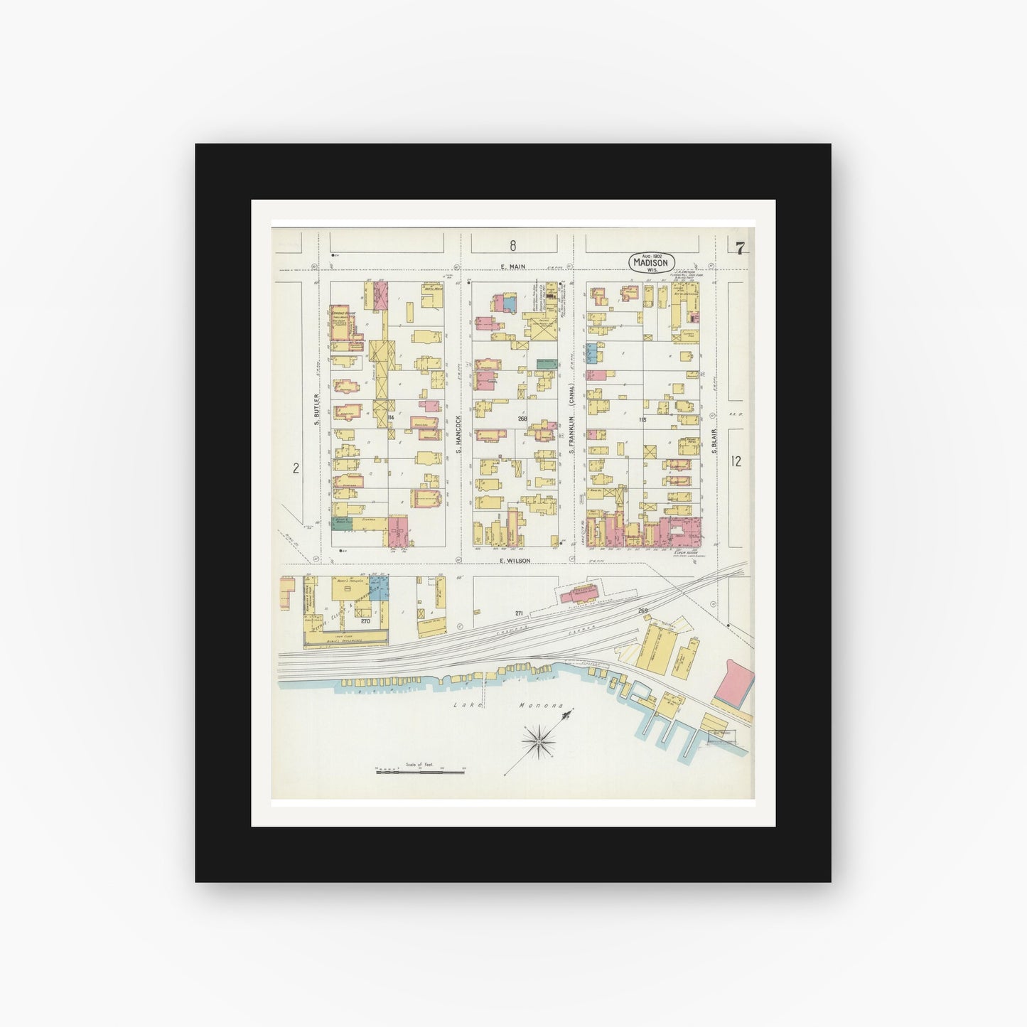 Old map wall art mockup — black gallery frame with white mat — Sanborn Fire Insurance Map from Madison, Dane County, Wisconsin (1902), Sheet #0007