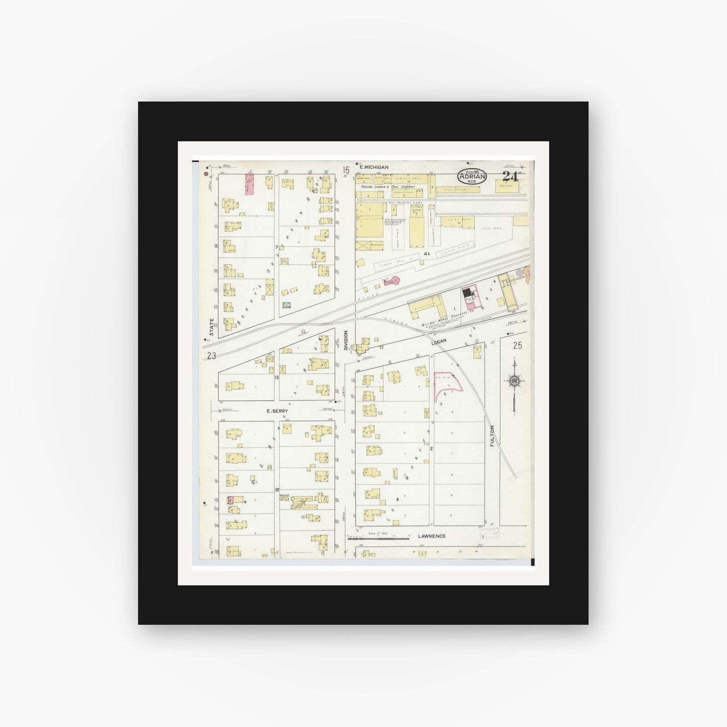 Old map wall art mockup — black gallery frame with white mat — Sanborn Fire Insurance Map from Adrian, Lenawee County, Michigan (1916), Sheet #0024