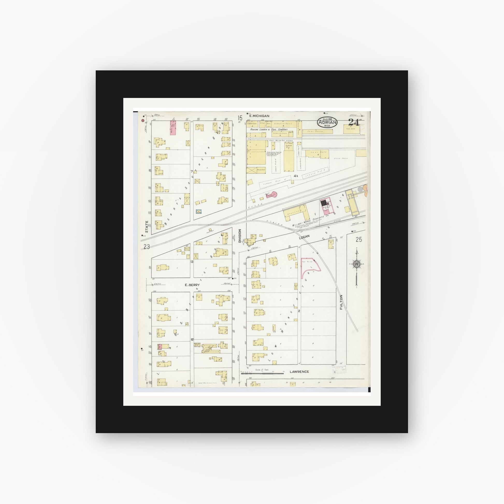 Old map wall art mockup — black gallery frame with white mat — Sanborn Fire Insurance Map from Adrian, Lenawee County, Michigan (1916), Sheet #0024