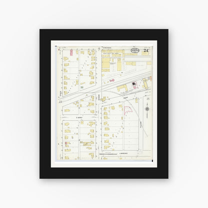 Old map wall art mockup — black gallery frame with white mat — Sanborn Fire Insurance Map from Adrian, Lenawee County, Michigan (1916), Sheet #0024