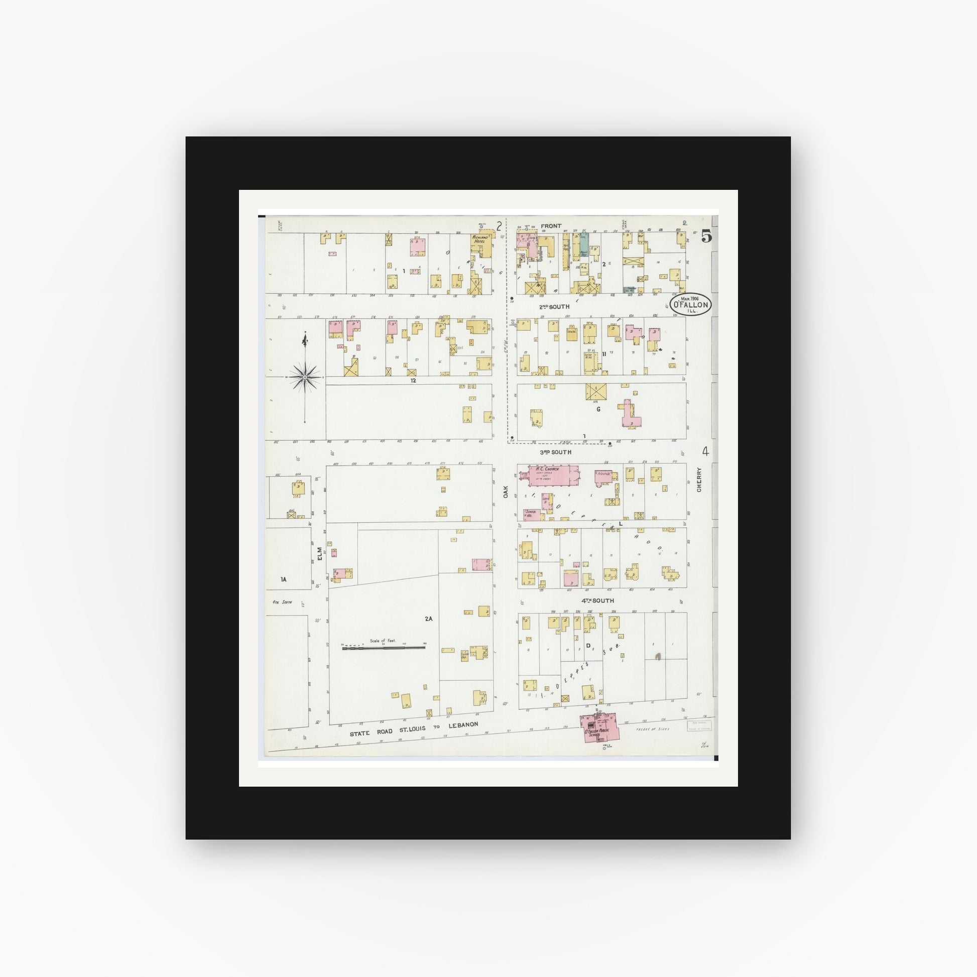 Old map wall art mockup — black gallery frame with white mat — Sanborn Fire Insurance Map from O'Fallon, Saint Clair County, Illinois (1906), Sheet #0005