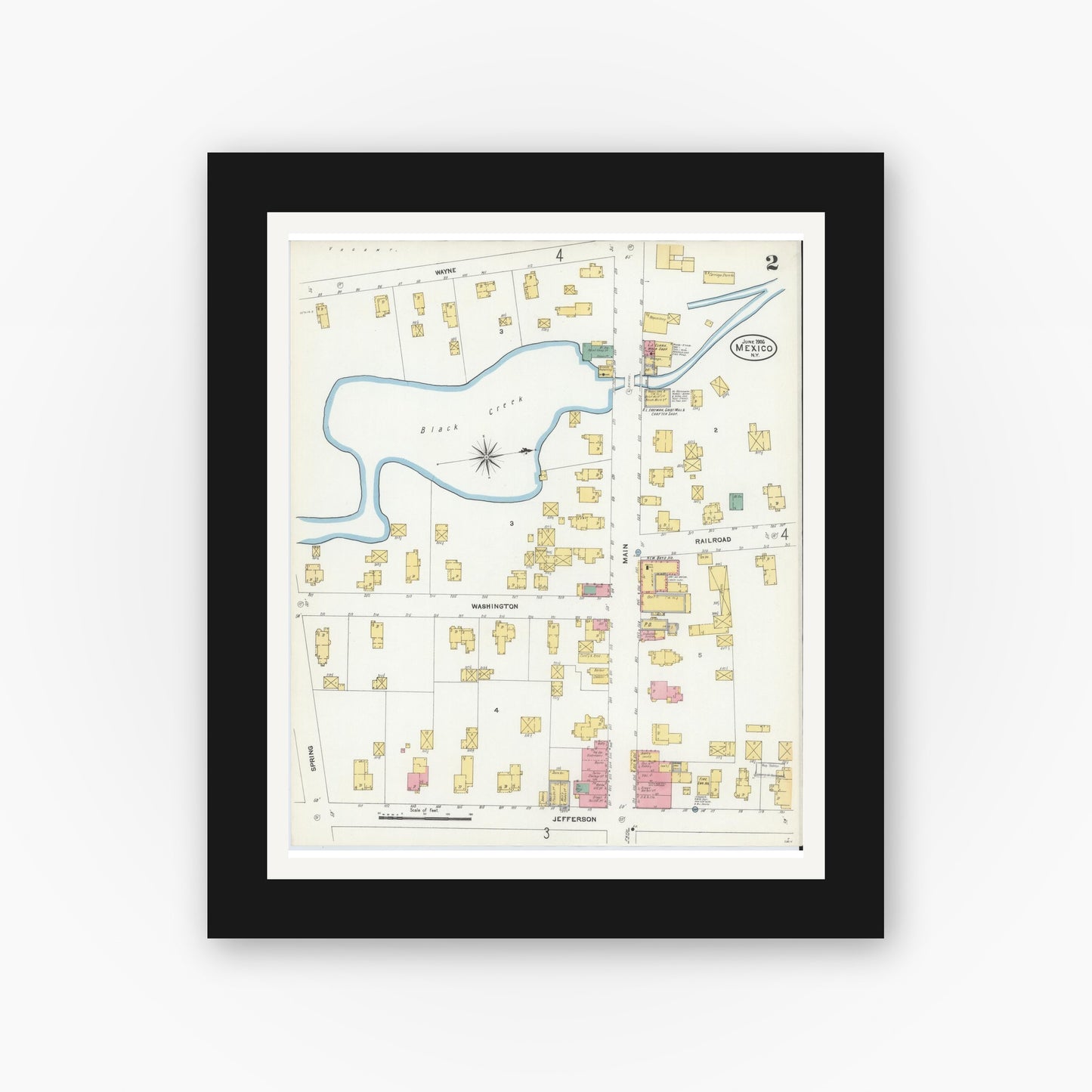 Old map wall art mockup — black gallery frame with white mat — Sanborn Fire Insurance Map from Mexico, Oswego County, New York (1906), Sheet #0002