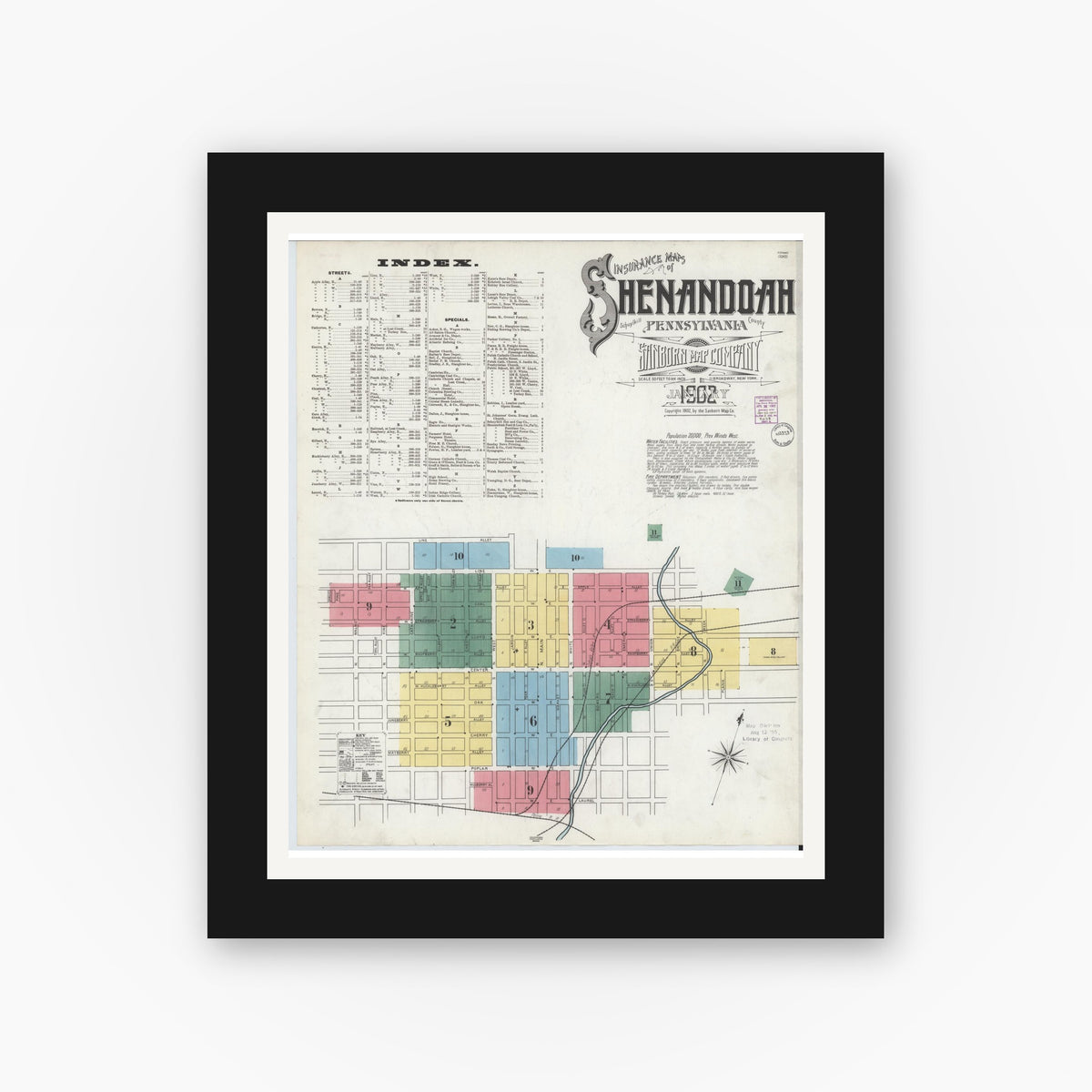 Old map wall art mockup — black gallery frame with white mat — Sanborn Fire Insurance Map from Shenandoah, Schuylkill County, Pennsylvania (1902) - Complete Map Set