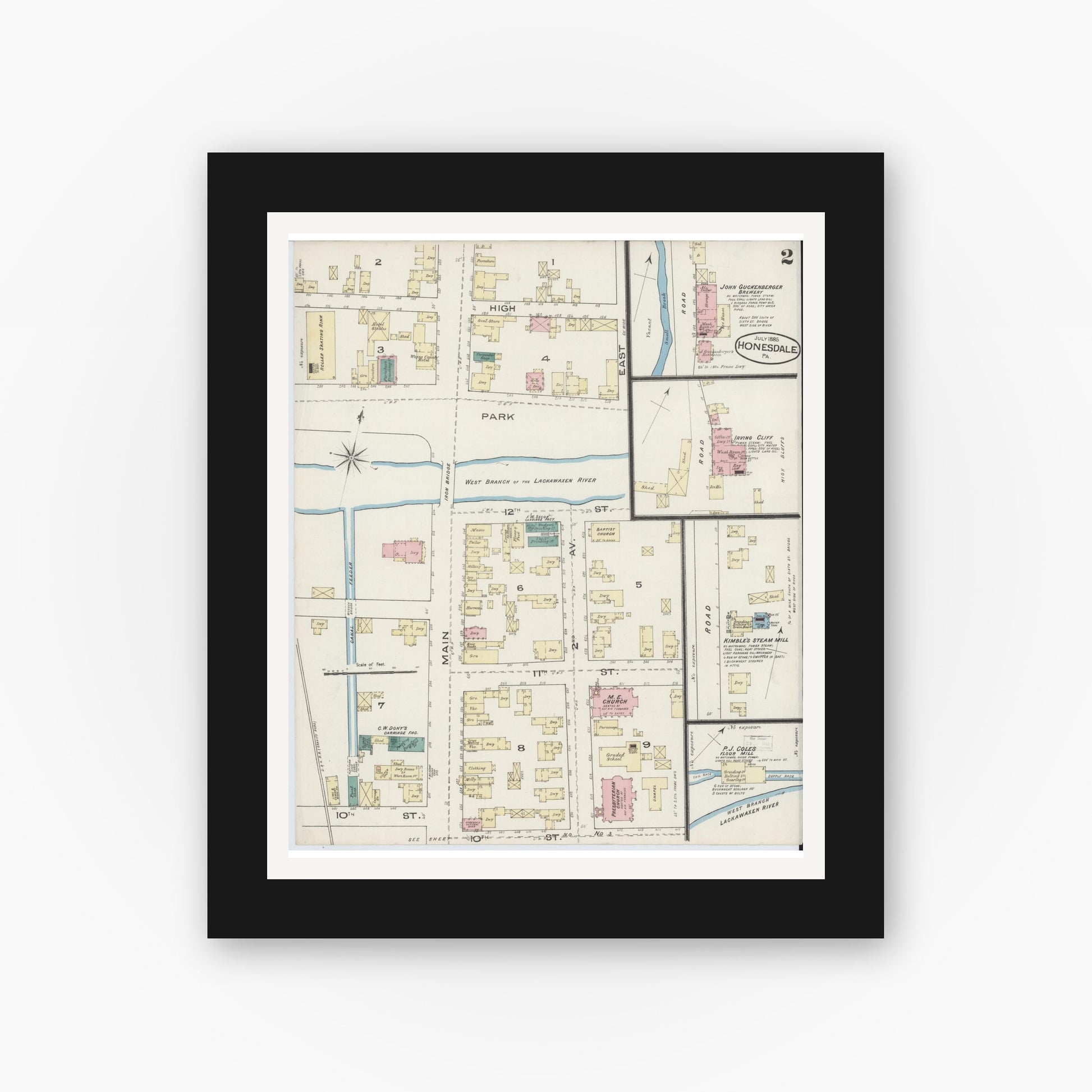 Old map wall art mockup — black gallery frame with white mat — Sanborn Fire Insurance Map from Honesdale, Wayne County, Pennsylvania (1885), Sheet #0002