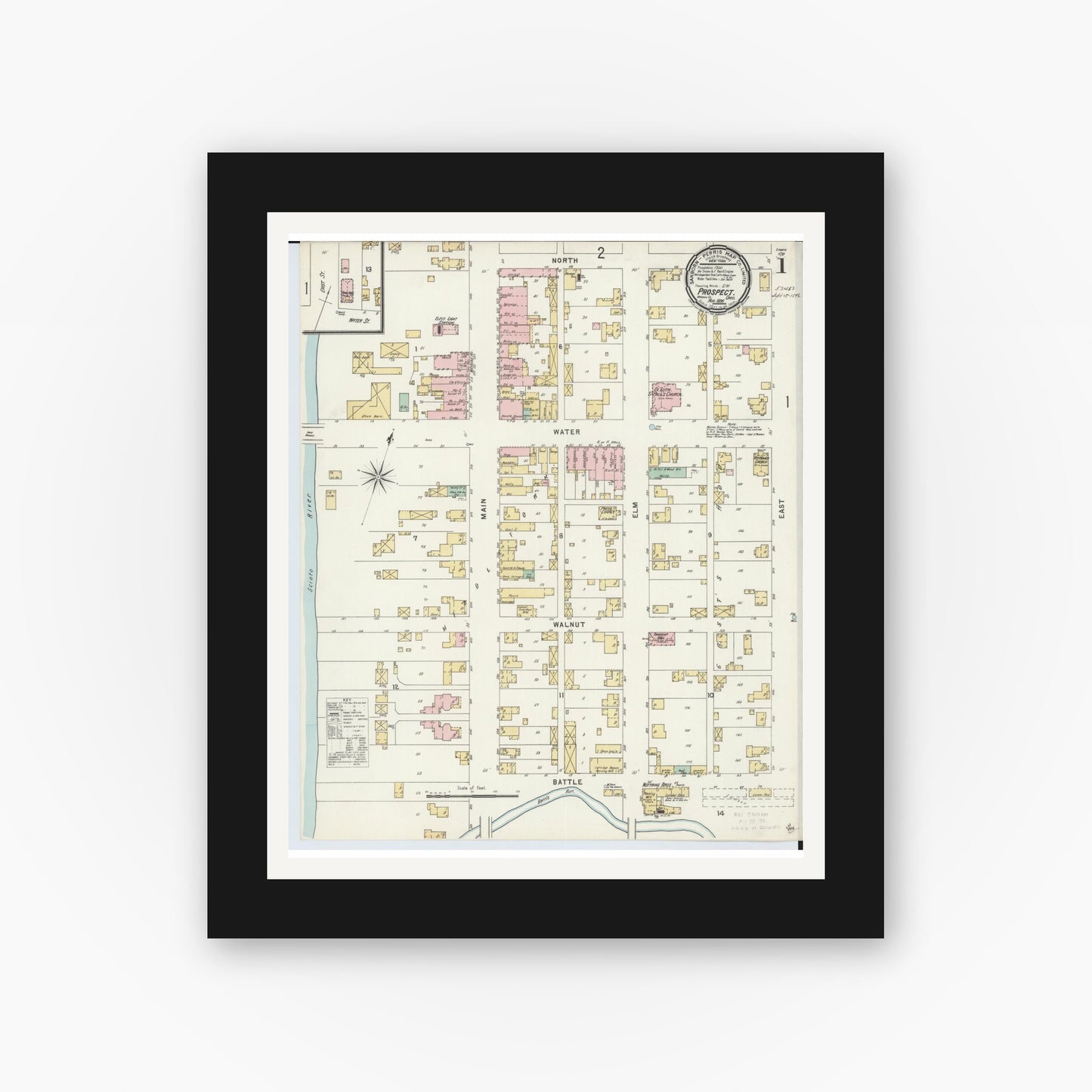 Old map wall art mockup — black gallery frame with white mat — Sanborn Fire Insurance Map from Prospect, Marion County, Ohio (1896), Sheet #0001
