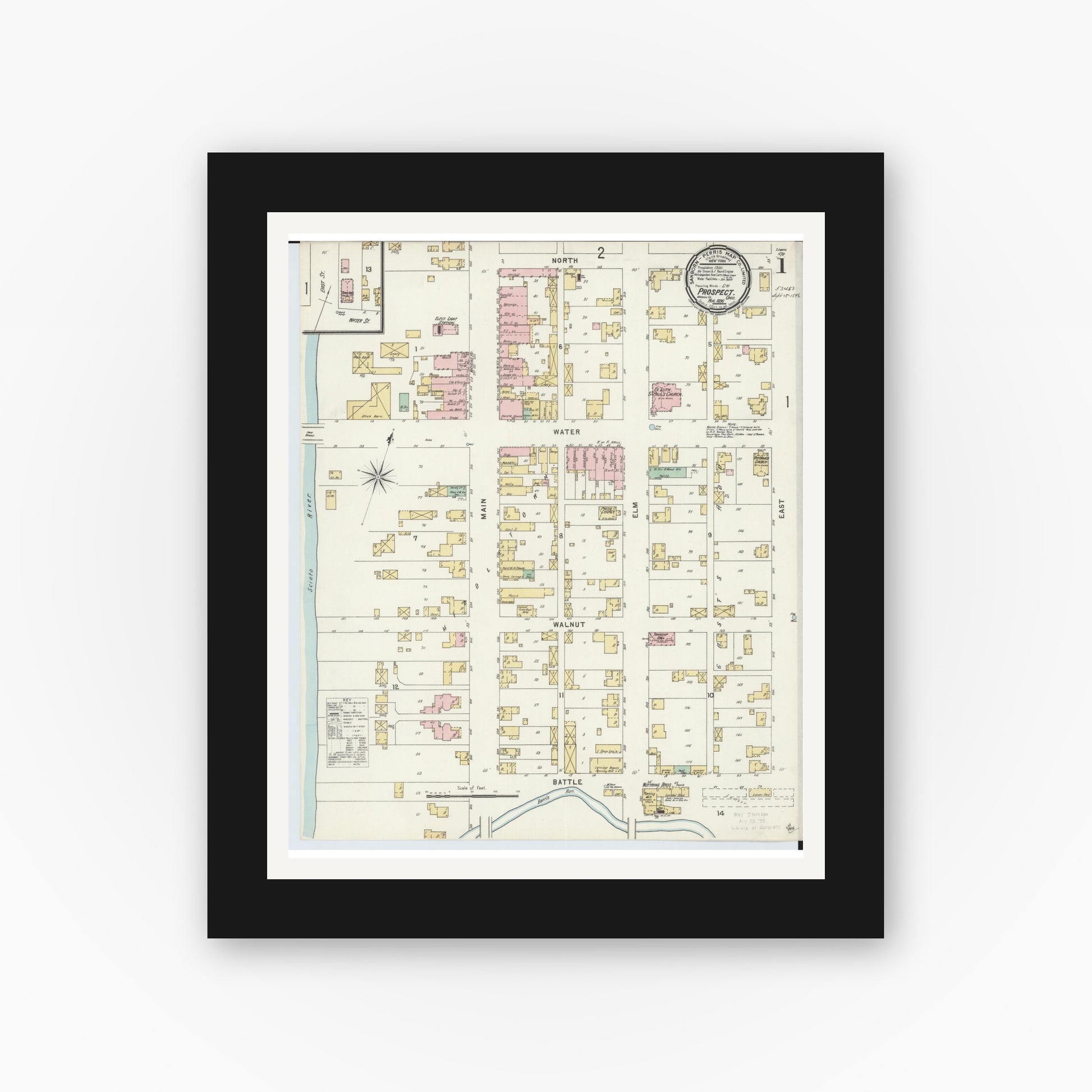 Old map wall art mockup — black gallery frame with white mat — Sanborn Fire Insurance Map from Prospect, Marion County, Ohio (1896), Sheet #0001