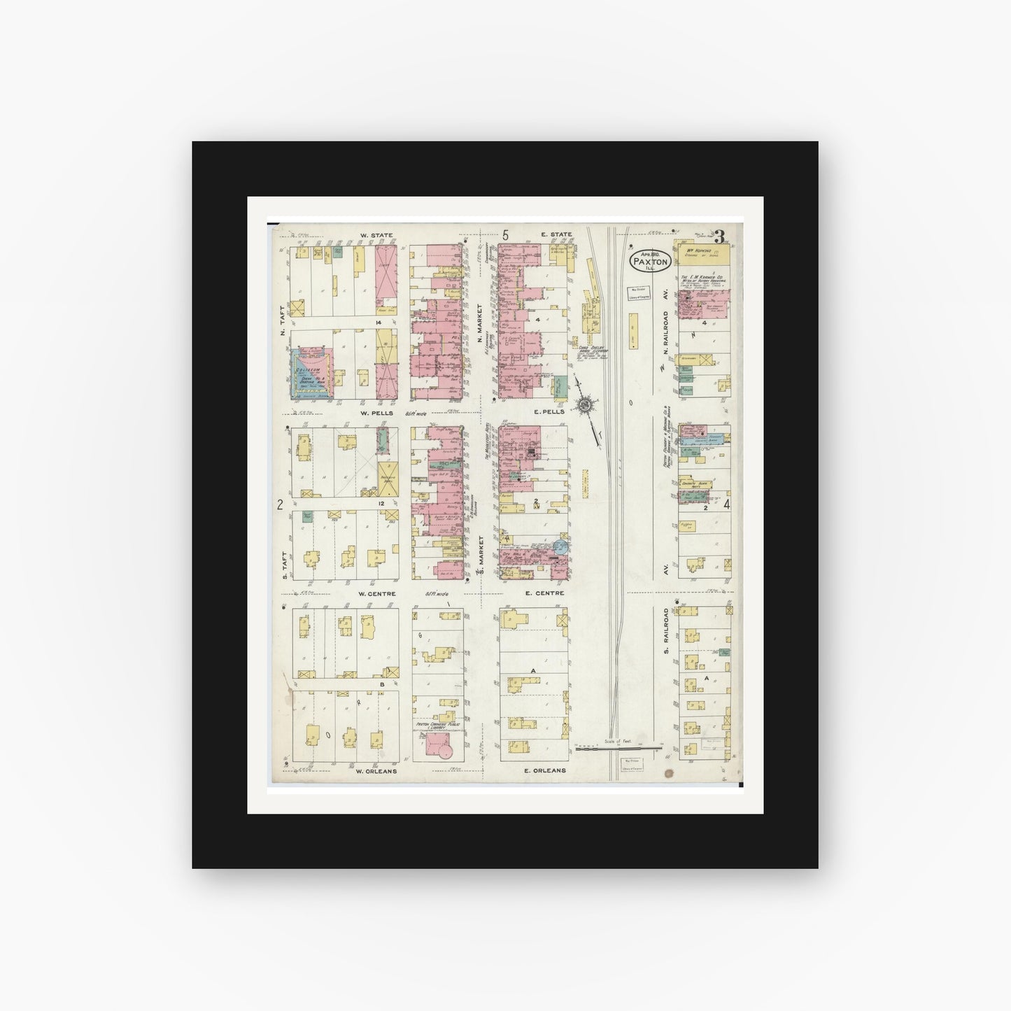 Old map wall art mockup — black gallery frame with white mat — Sanborn Fire Insurance Map from Paxton, Ford County, Illinois (1910), Sheet #0003