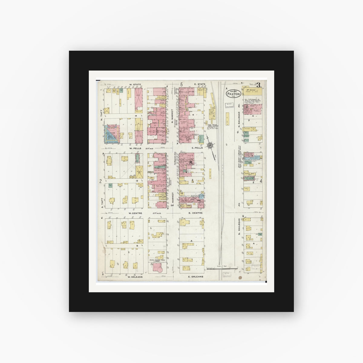 Old map wall art mockup — black gallery frame with white mat — Sanborn Fire Insurance Map from Paxton, Ford County, Illinois (1910), Sheet #0003
