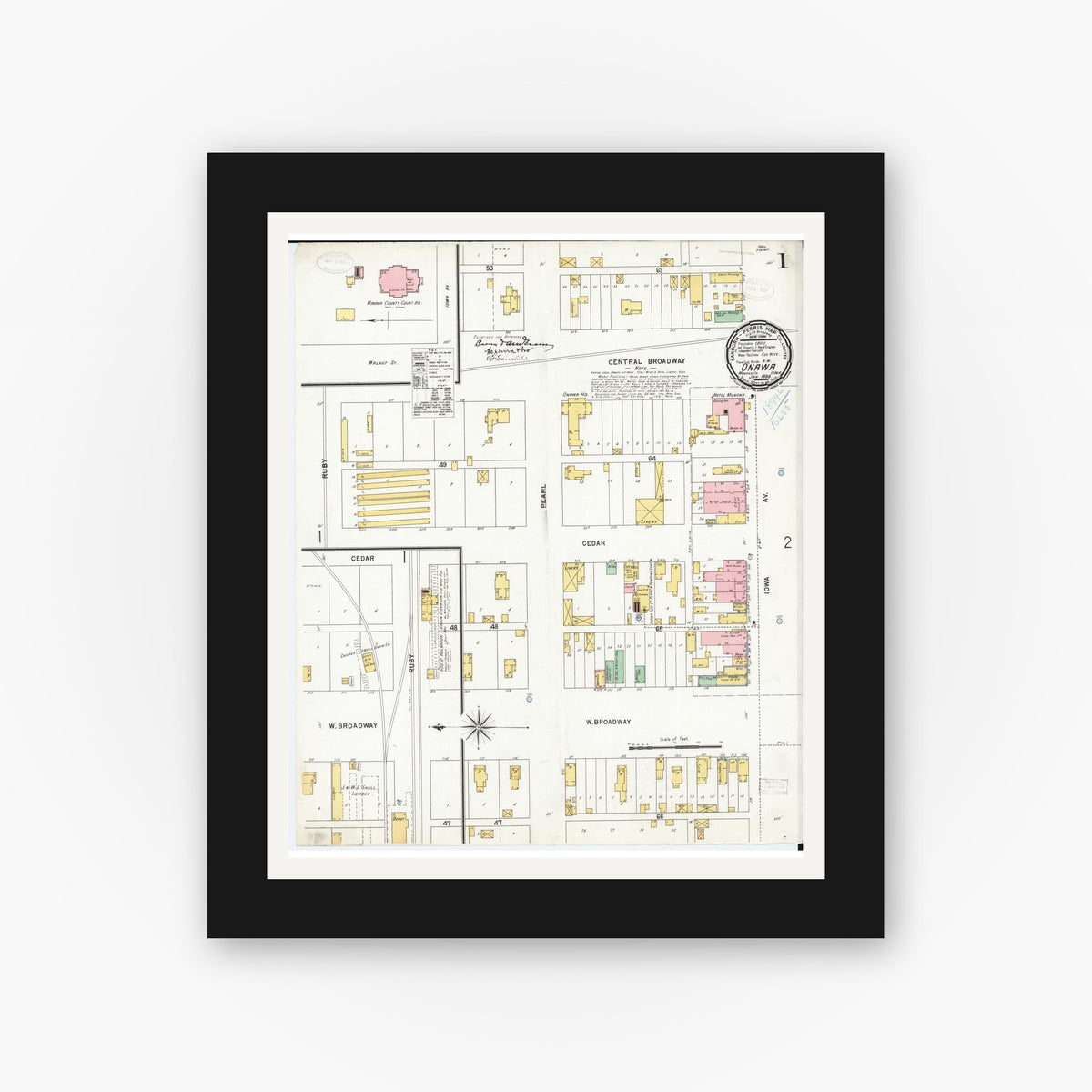 Old map wall art mockup — black gallery frame with white mat — Sanborn Fire Insurance Map from Onawa, Monona County, Iowa (1899) â€” Complete Set