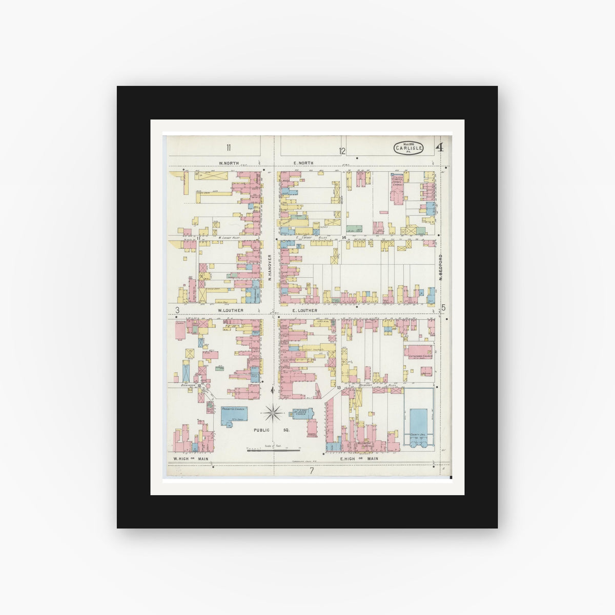 Old map wall art mockup — black gallery frame with white mat — Sanborn Fire Insurance Map from Carlisle, Cumberland County, Pennsylvania (1896), Sheet #0004