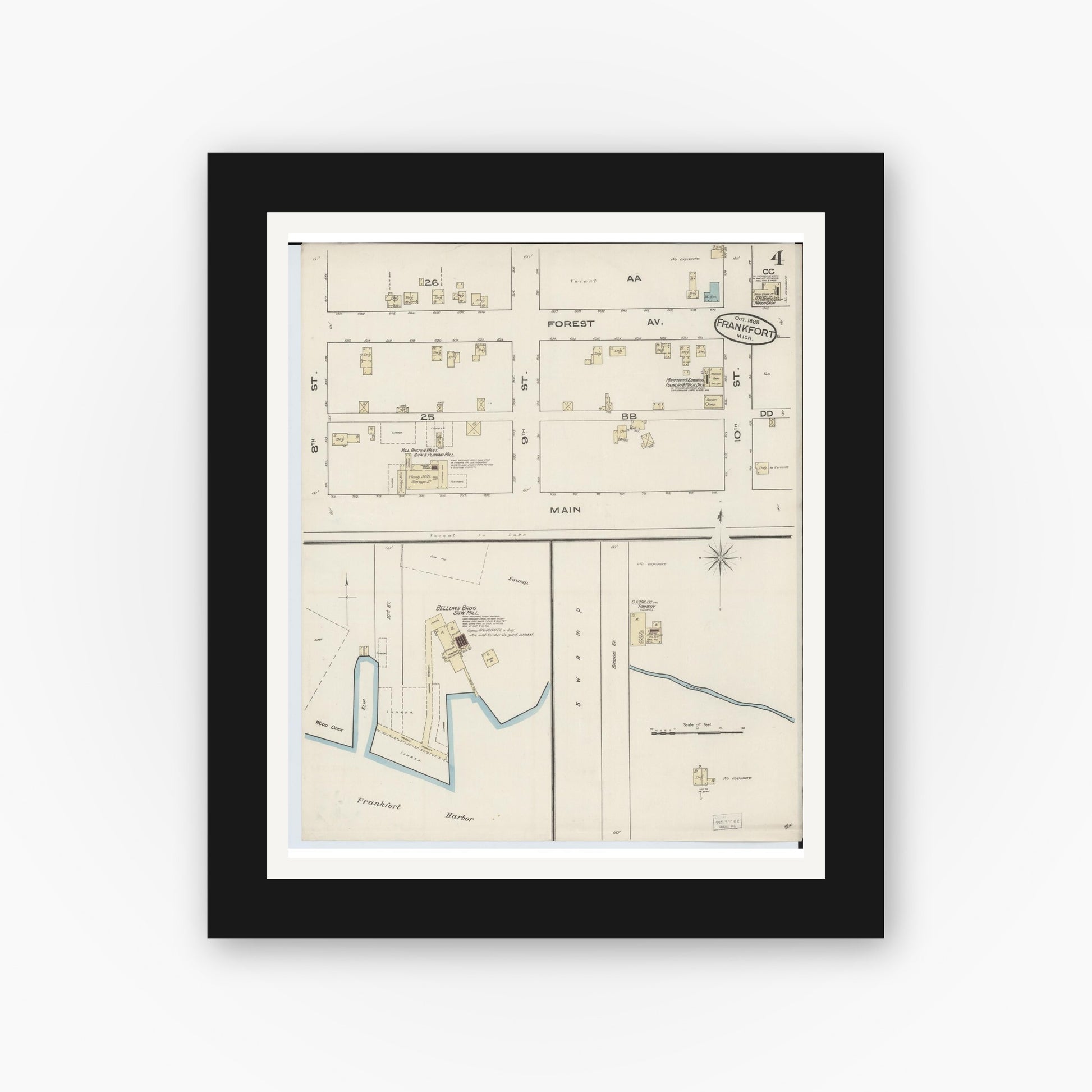 Old map wall art mockup — black gallery frame with white mat — Sanborn Fire Insurance Map from Frankfort, Benzie County, Michigan (1885), Sheet #0004