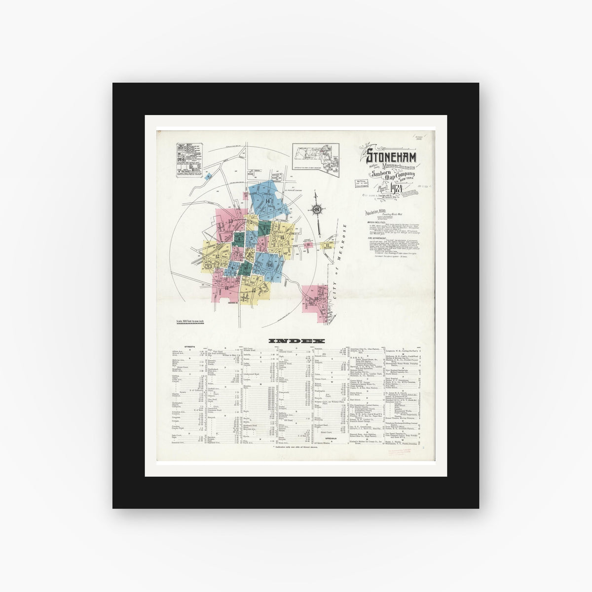 Old map wall art mockup — black gallery frame with white mat — Sanborn Fire Insurance Map from Stoneham, Middlesex County, Massachusetts (1916), Sheet #0015