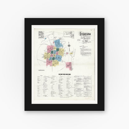 Old map wall art mockup — black gallery frame with white mat — Sanborn Fire Insurance Map from Stoneham, Middlesex County, Massachusetts (1916), Sheet #0015