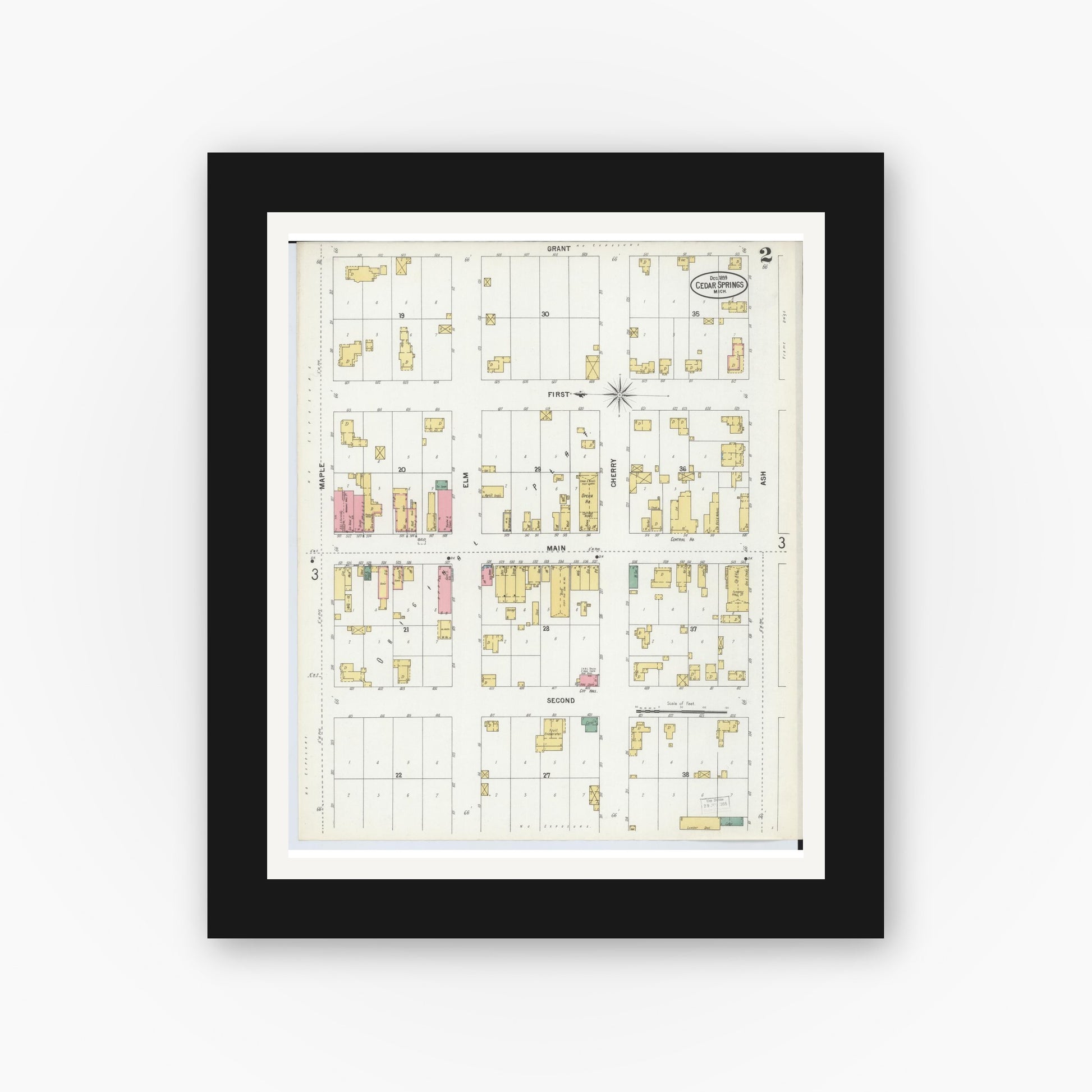 Old map wall art mockup — black gallery frame with white mat — Sanborn Fire Insurance Map from Cedar Springs, Kent County, Michigan (1899), Sheet #0002