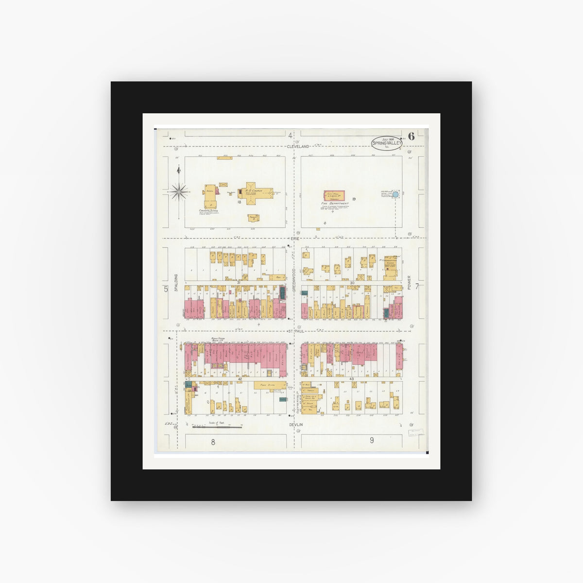 Old map wall art mockup — black gallery frame with white mat — Sanborn Fire Insurance Map from Spring Valley, Bureau County, Illinois (1906), Sheet #0006
