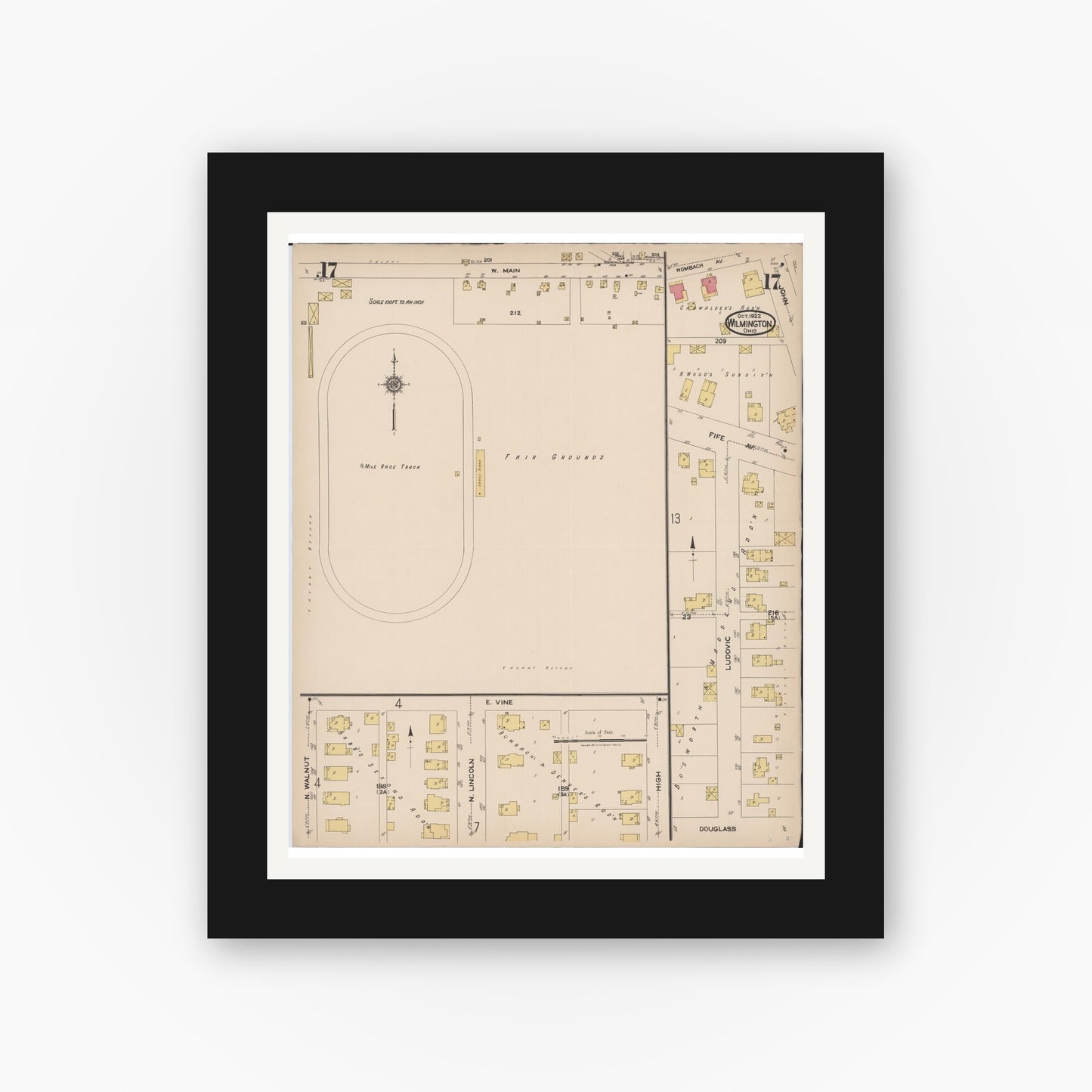 Old map wall art mockup — black gallery frame with white mat — Sanborn Fire Insurance Map from Wilmington, Clinton County, Ohio (1922), Sheet #0017