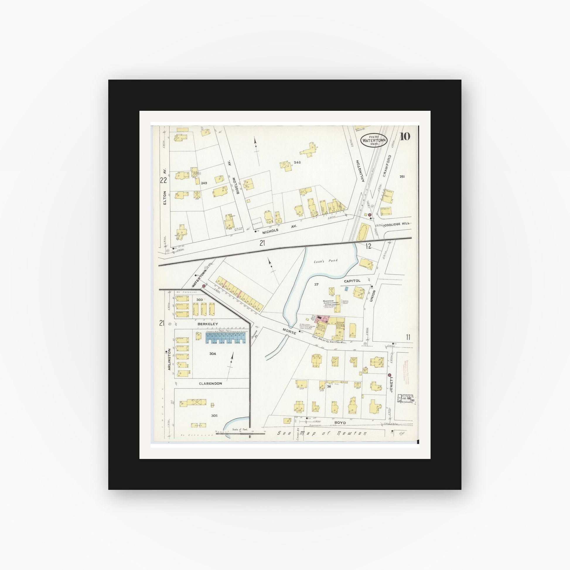 Old map wall art mockup — black gallery frame with white mat — Sanborn Fire Insurance Map from Watertown, Middlesex County, Massachusetts (1911), Sheet #0010