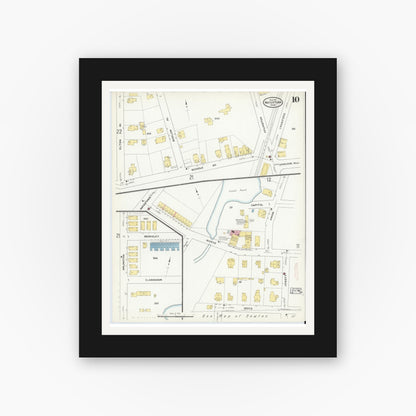 Old map wall art mockup — black gallery frame with white mat — Sanborn Fire Insurance Map from Watertown, Middlesex County, Massachusetts (1911), Sheet #0010