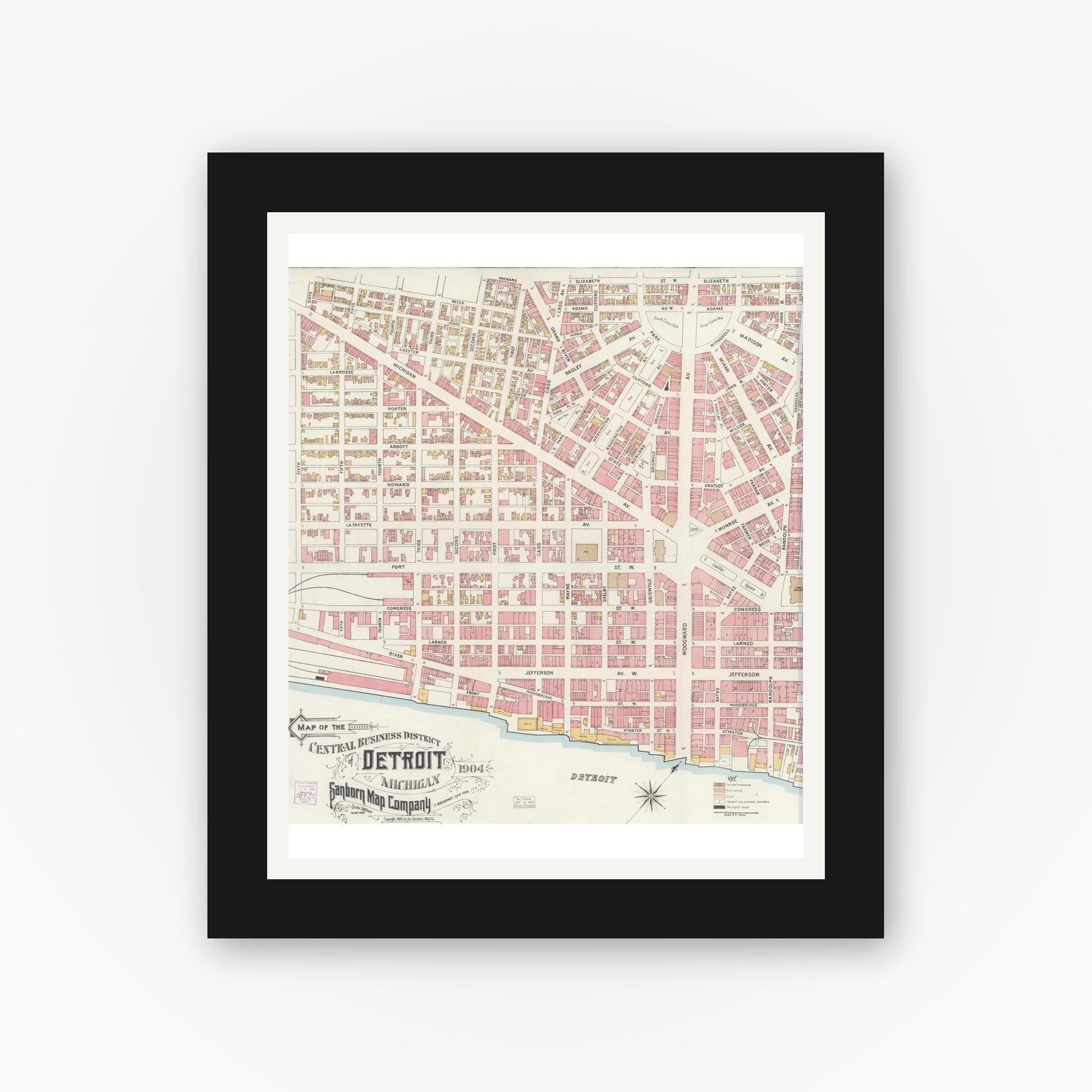 Old map wall art mockup — black gallery frame with white mat — Sanborn Fire Insurance Map from Detroit, Wayne County, Michigan (1904), Sheet #0001