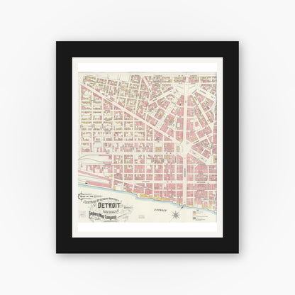 Old map wall art mockup — black gallery frame with white mat — Sanborn Fire Insurance Map from Detroit, Wayne County, Michigan (1904), Sheet #0001
