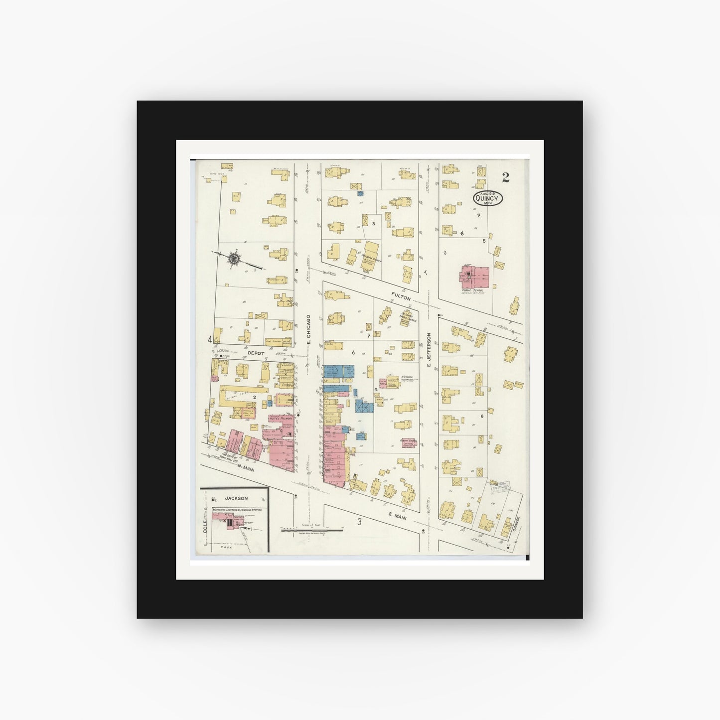 Old map wall art mockup — black gallery frame with white mat — Sanborn Fire Insurance Map from Quincy, Branch County, Michigan (1919), Sheet #0002