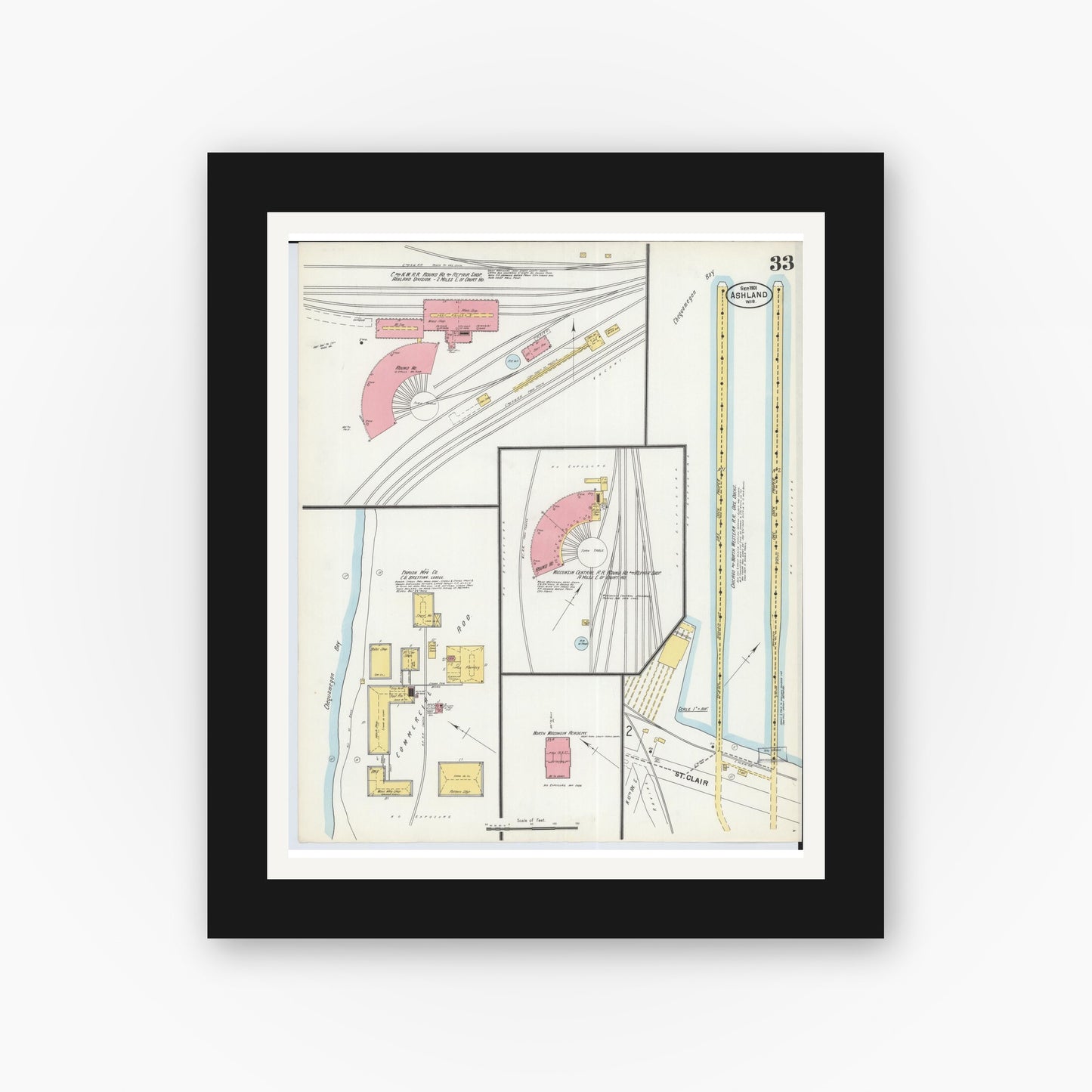 Old map wall art mockup — black gallery frame with white mat — Sanborn Fire Insurance Map from Ashland, Ashland County, Wisconsin (1901), Sheet #0033