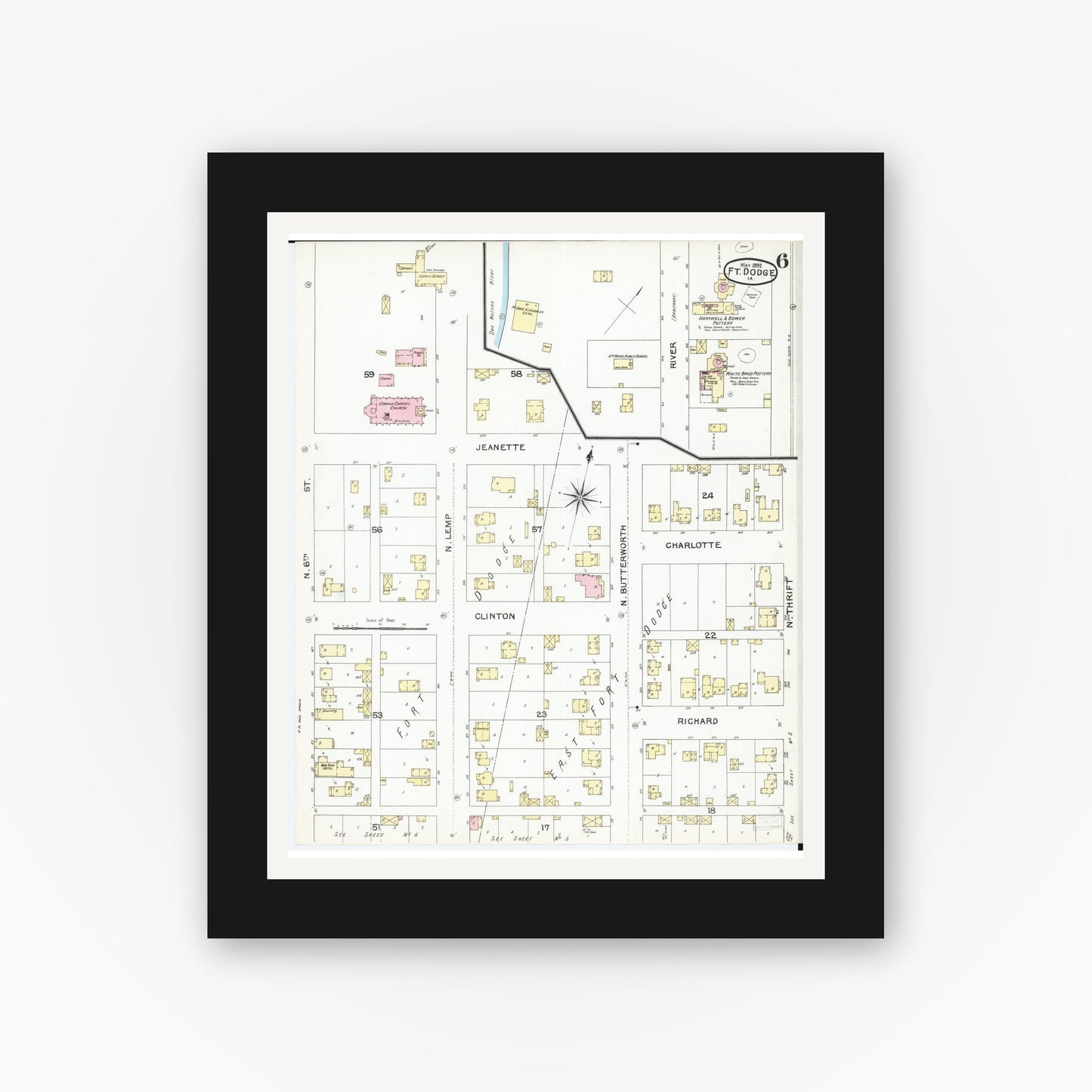 Old map wall art mockup — black gallery frame with white mat — Sanborn Fire Insurance Map from Fort Dodge, Webster County, Iowa (1892), Sheet #0006