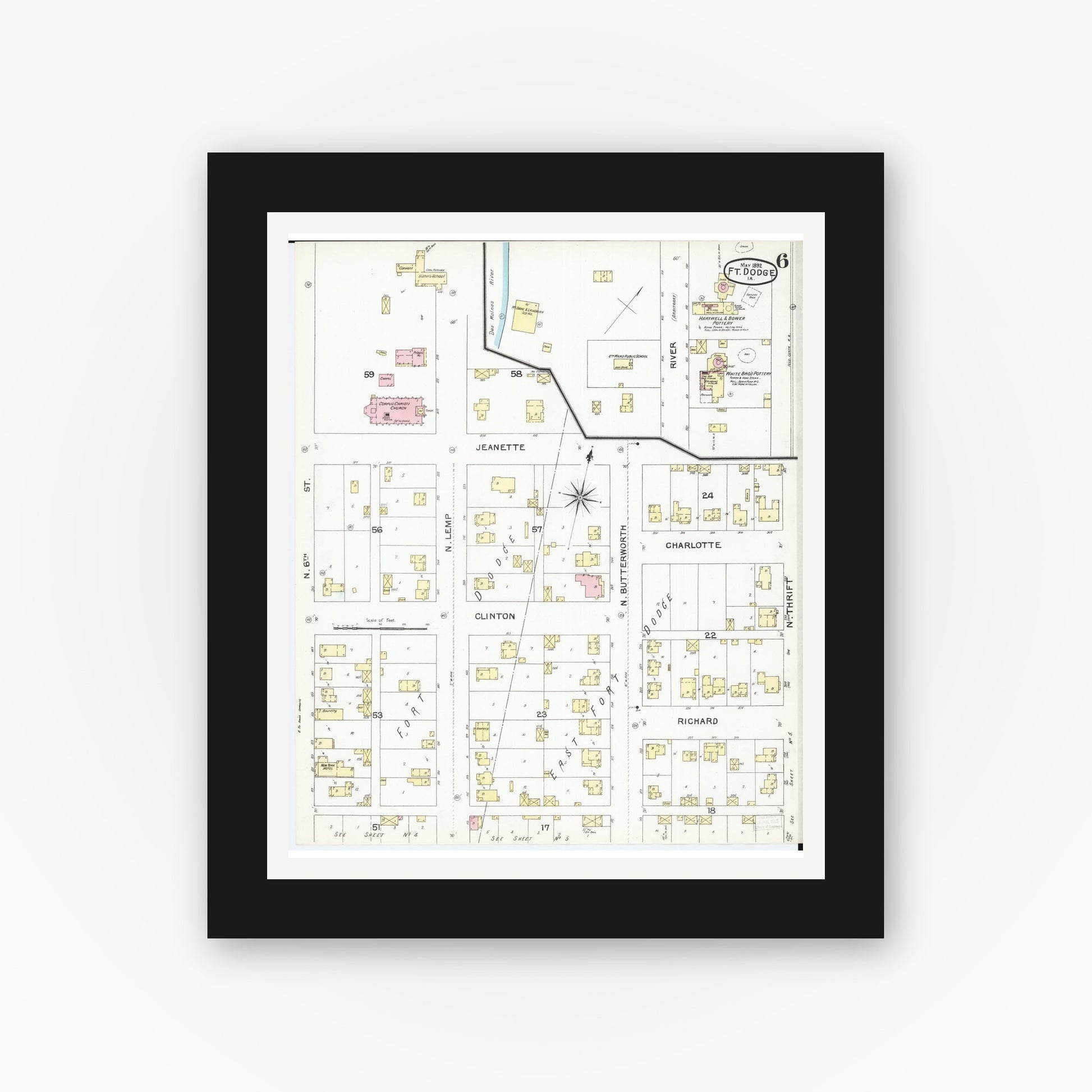 Old map wall art mockup — black gallery frame with white mat — Sanborn Fire Insurance Map from Fort Dodge, Webster County, Iowa (1892), Sheet #0006