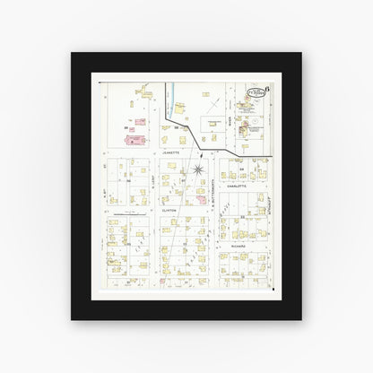 Old map wall art mockup — black gallery frame with white mat — Sanborn Fire Insurance Map from Fort Dodge, Webster County, Iowa (1892), Sheet #0006