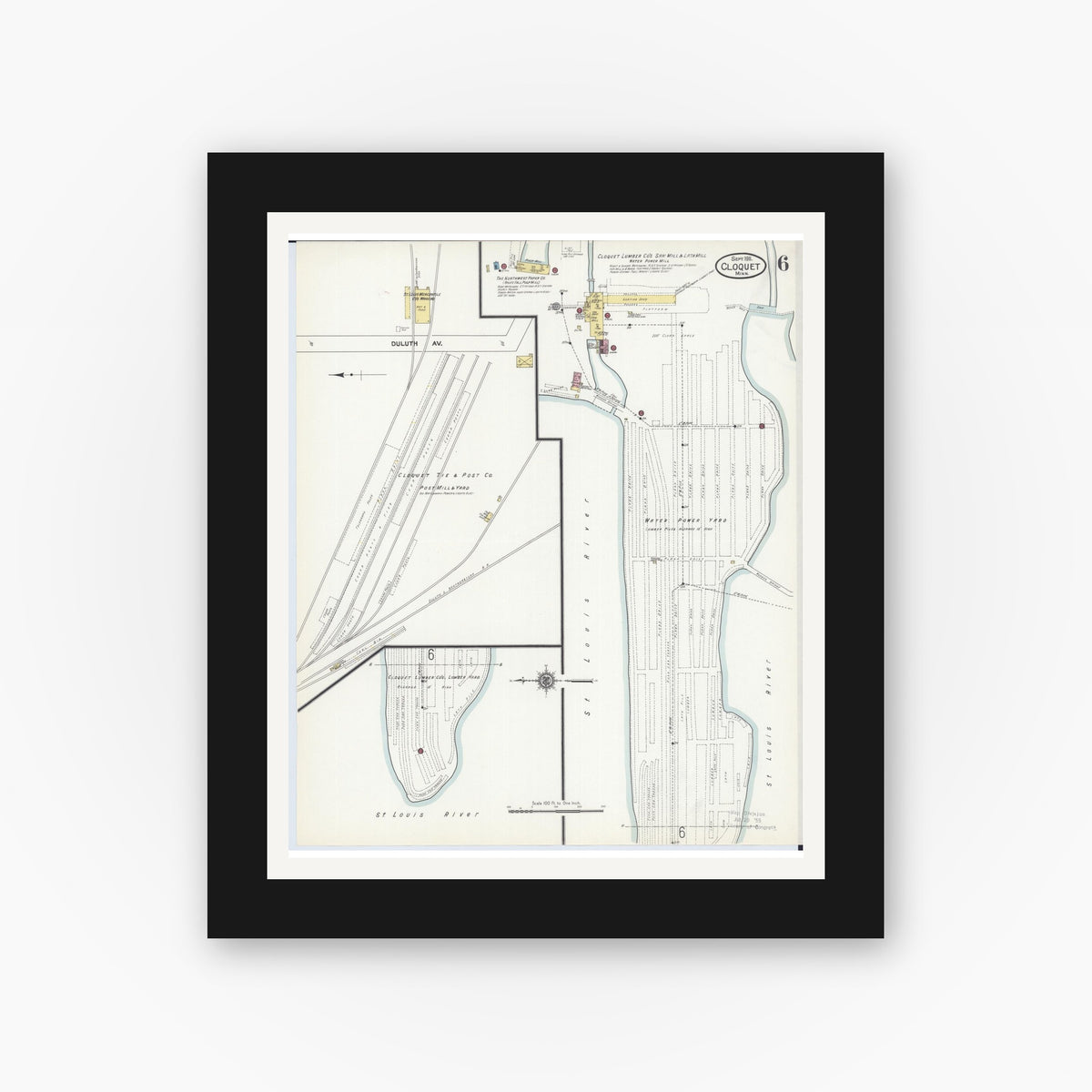 Old map wall art mockup — black gallery frame with white mat — Sanborn Fire Insurance Map from Cloquet, Carlton County, Minnesota (1911), Sheet #0006