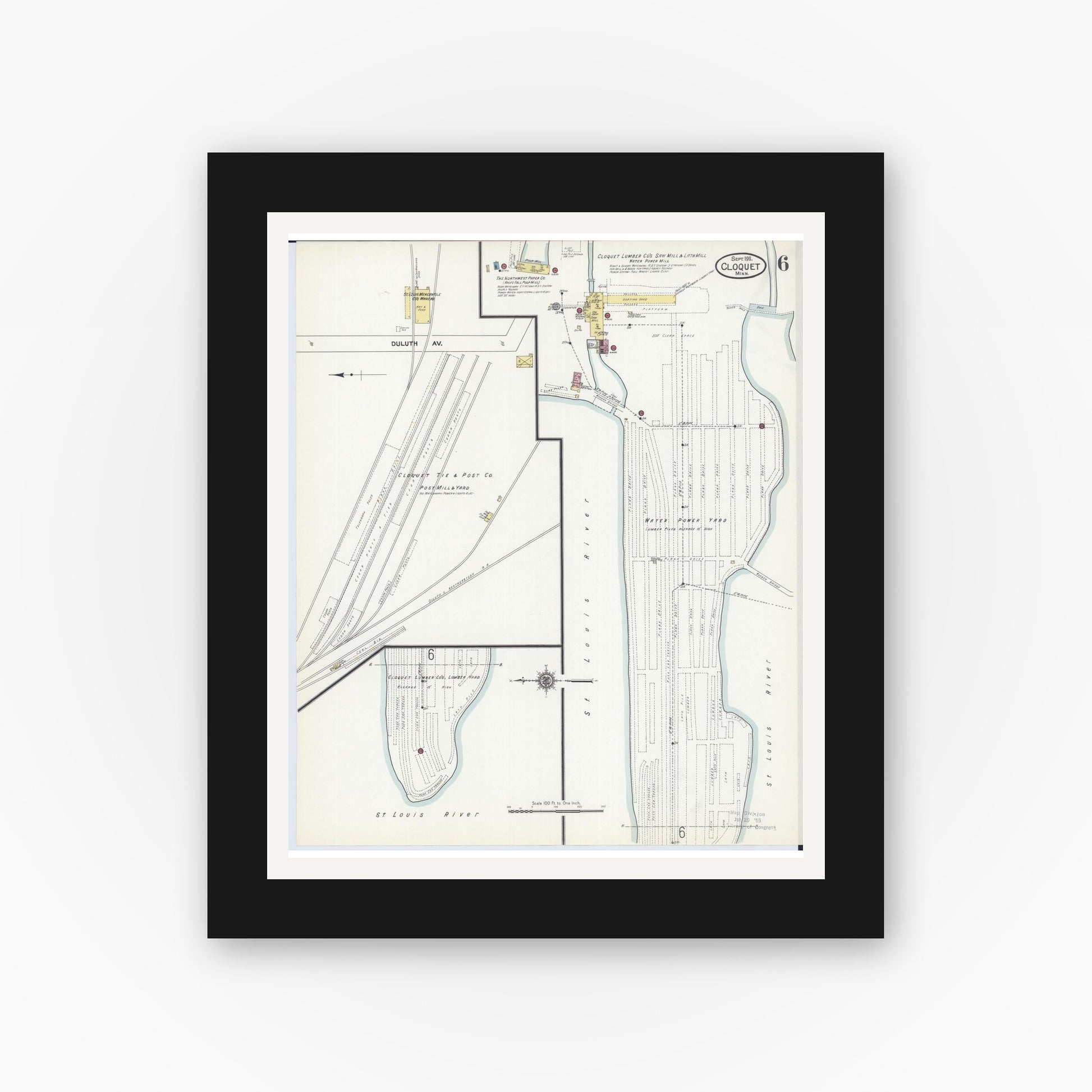 Old map wall art mockup — black gallery frame with white mat — Sanborn Fire Insurance Map from Cloquet, Carlton County, Minnesota (1911), Sheet #0006