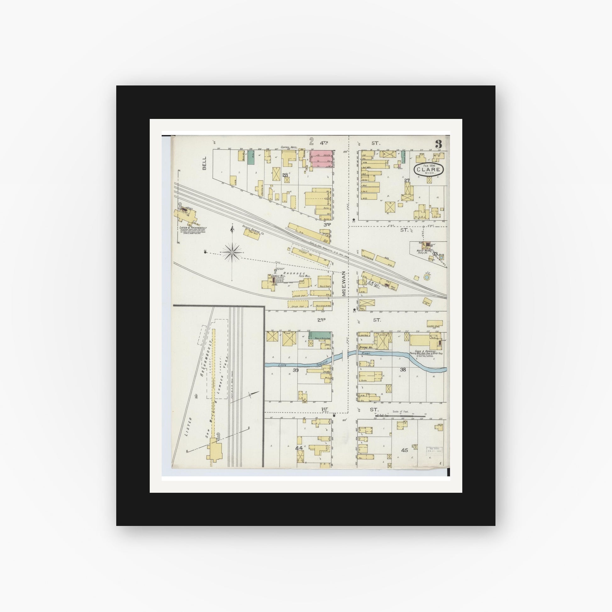 Old map wall art mockup — black gallery frame with white mat — Sanborn Fire Insurance Map from Clare, Clare County, Michigan (1894), Sheet #0003