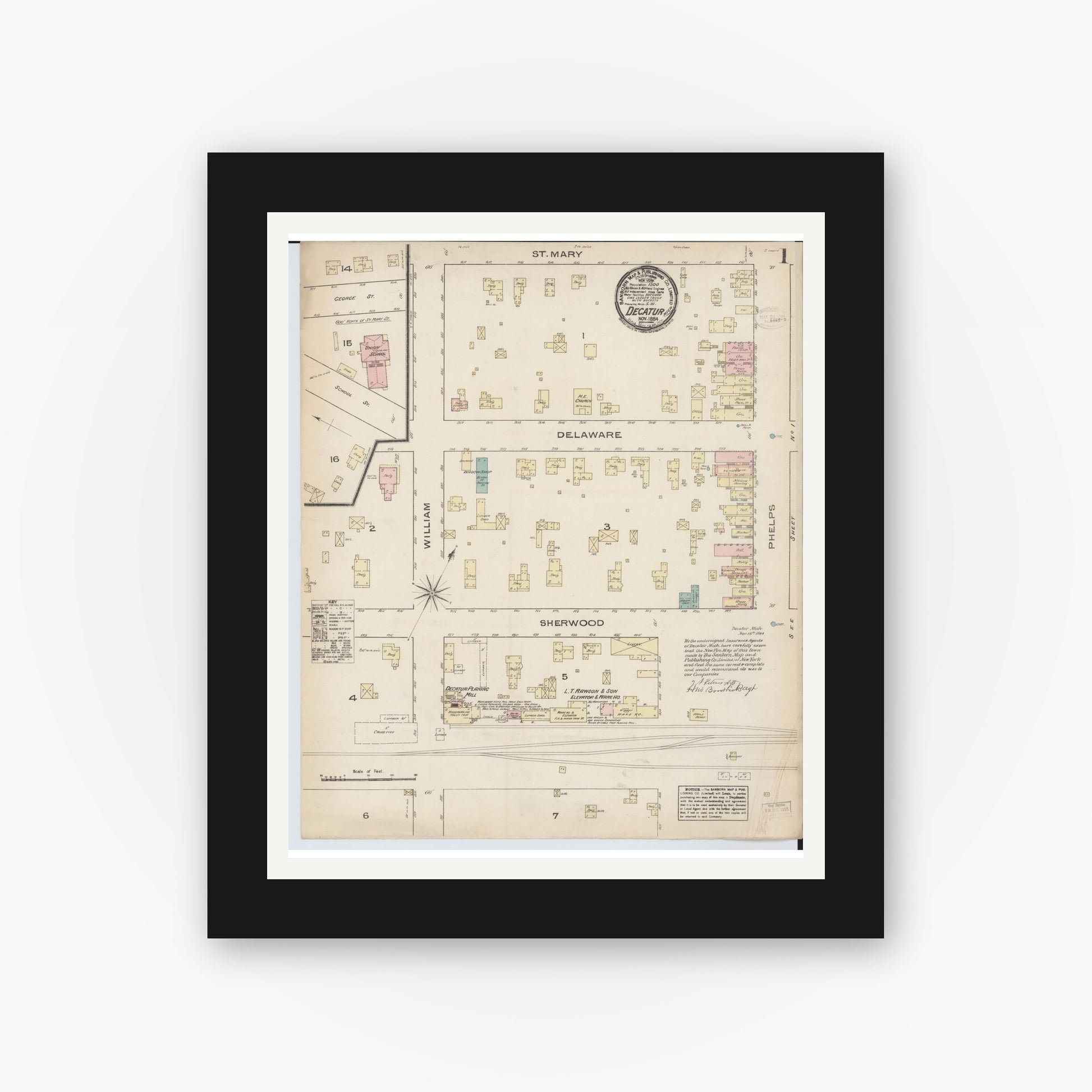 Old map wall art mockup — black gallery frame with white mat — Sanborn Fire Insurance Map from Decatur, Van Buren County, Michigan (1884) - Complete Map Set