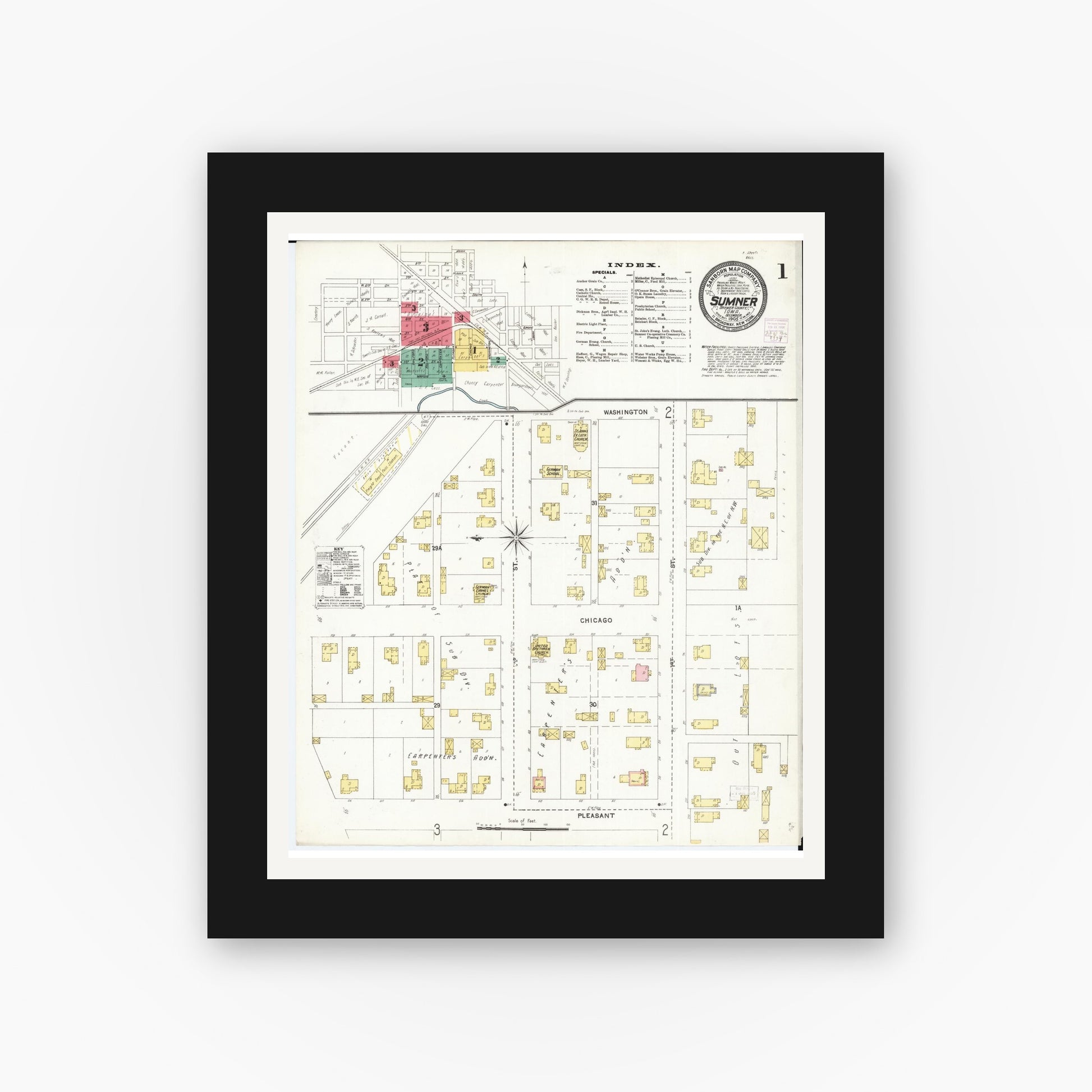 Old map wall art mockup — black gallery frame with white mat — Sanborn Fire Insurance Map from Sumner, Bremer County, Iowa (1905) â€” Complete Set