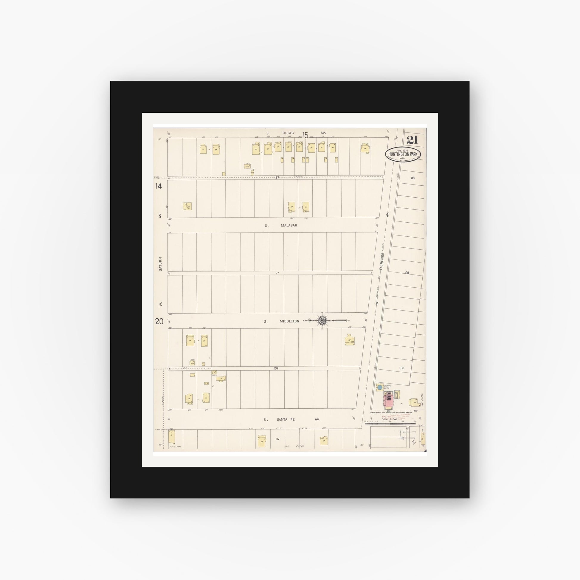 Old map wall art mockup — black gallery frame with white mat — Sanborn Fire Insurance Map from Huntington Park, Los Angeles County, California (1916), Sheet #0021