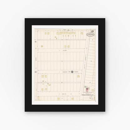 Old map wall art mockup — black gallery frame with white mat — Sanborn Fire Insurance Map from Huntington Park, Los Angeles County, California (1916), Sheet #0021