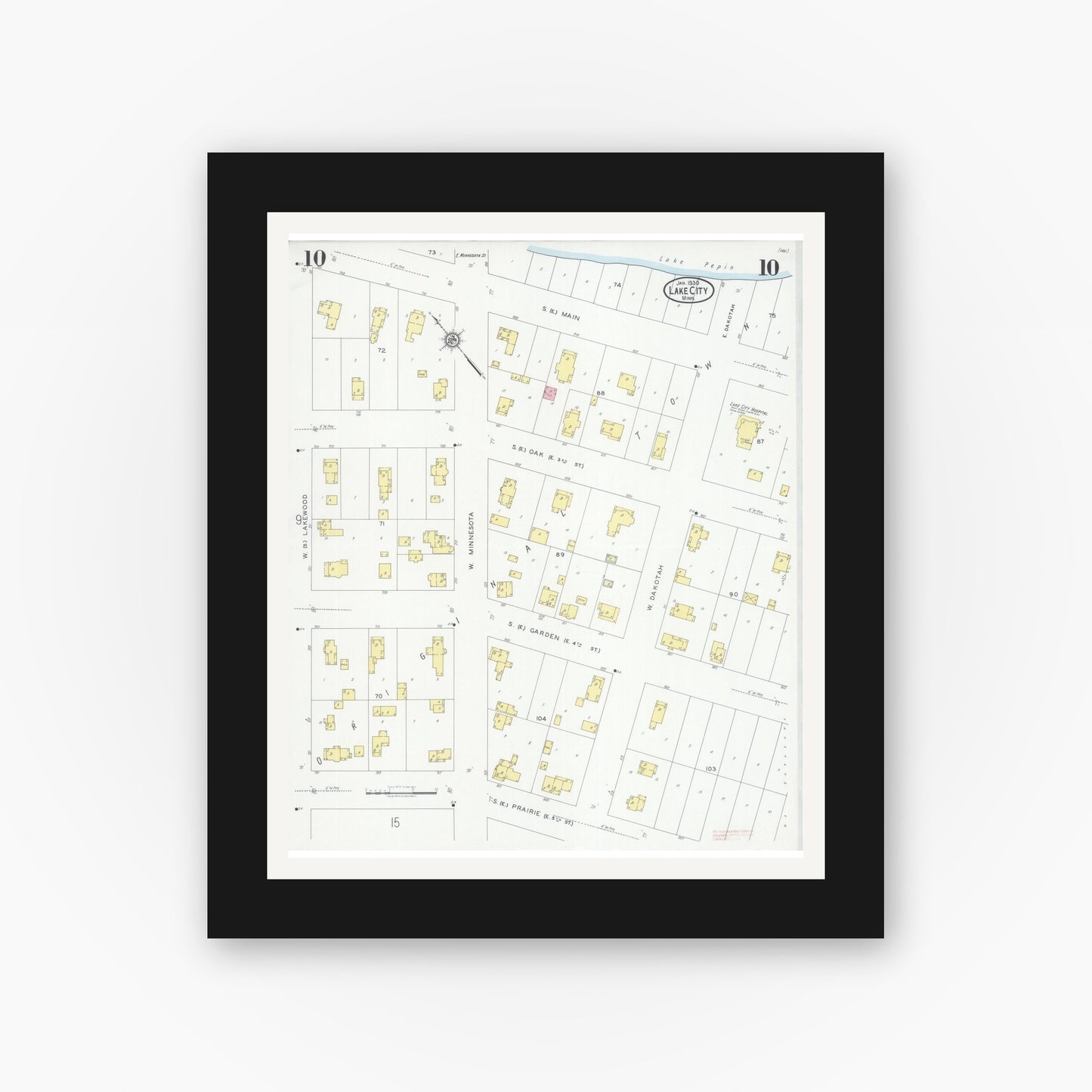 Old map wall art mockup — black gallery frame with white mat — Sanborn Fire Insurance Map from Lake City, Wabasha County, Minnesota (1930), Sheet #0010