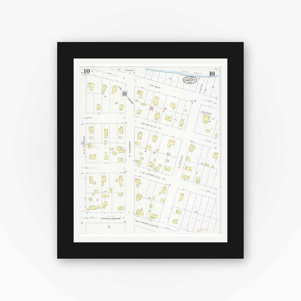 Old map wall art mockup — black gallery frame with white mat — Sanborn Fire Insurance Map from Lake City, Wabasha County, Minnesota (1930), Sheet #0010