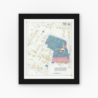 Old map wall art mockup — black gallery frame with white mat — Sanborn Fire Insurance Map from Pontiac, Oakland County, Michigan (1919), Sheet #0020