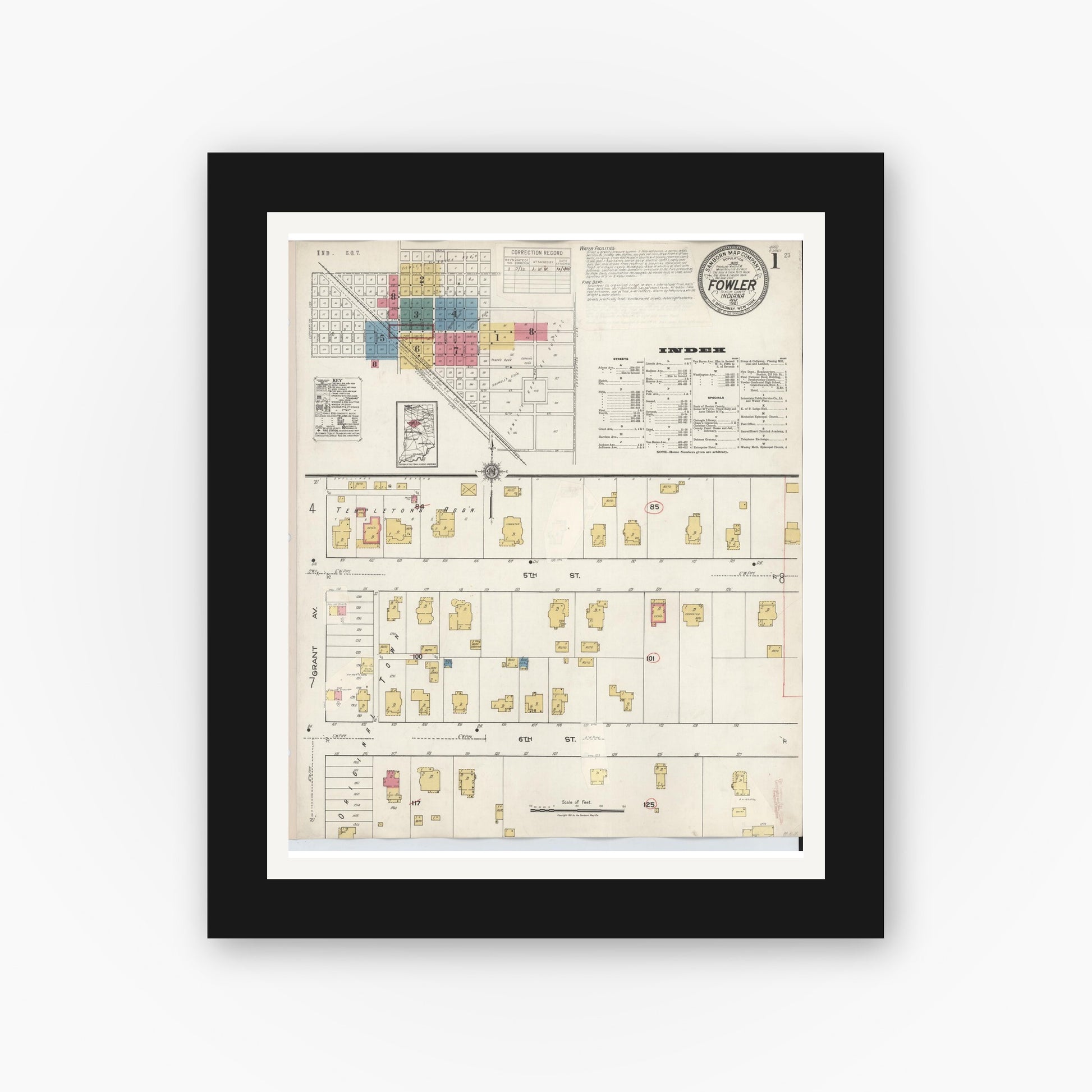 Old map wall art mockup — black gallery frame with white mat — Sanborn Fire Insurance Map from Fowler, Benton County, Indiana (1932), Sheet #0001
