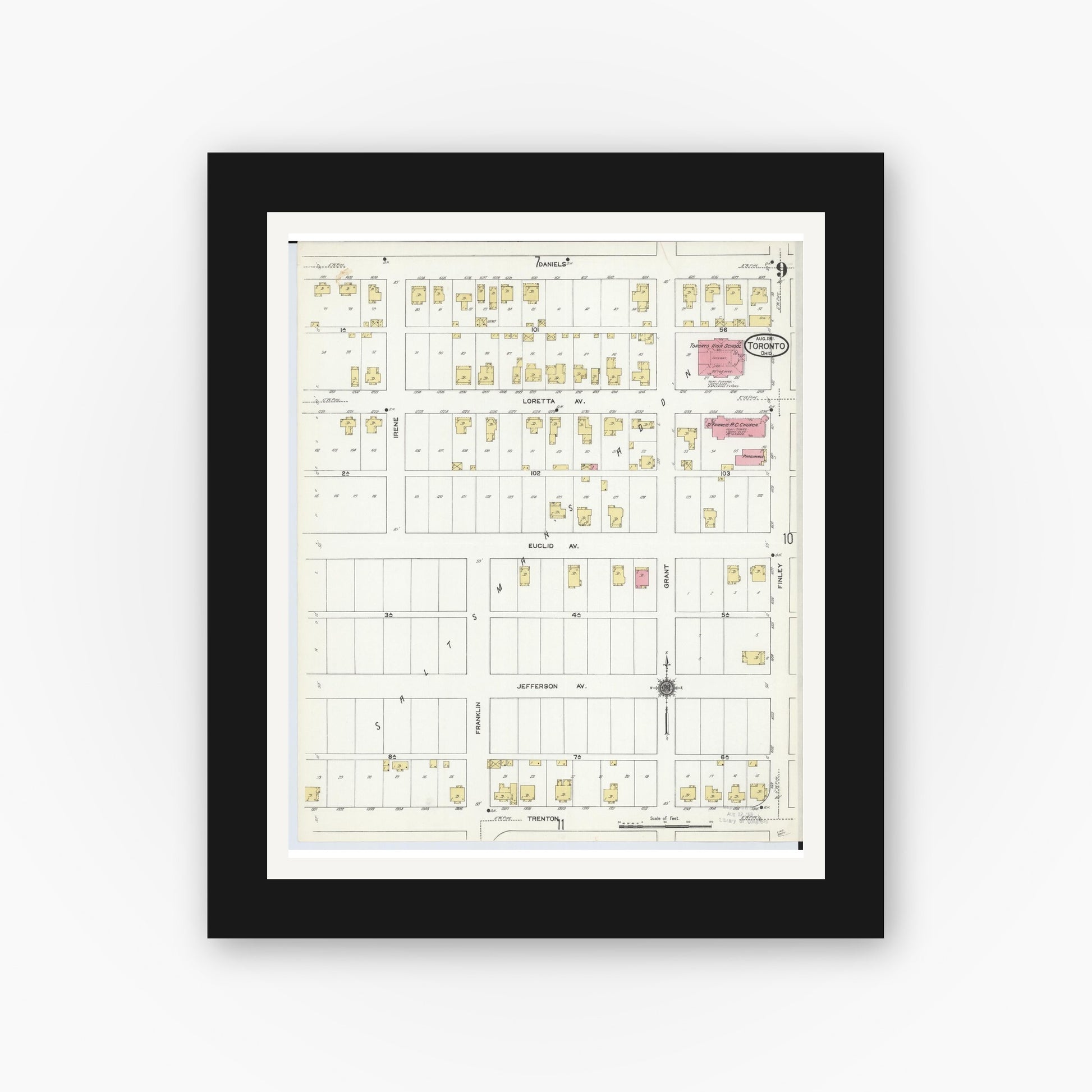 Old map wall art mockup — black gallery frame with white mat — Sanborn Fire Insurance Map from Toronto, Jefferson County, Ohio (1911), Sheet #0009