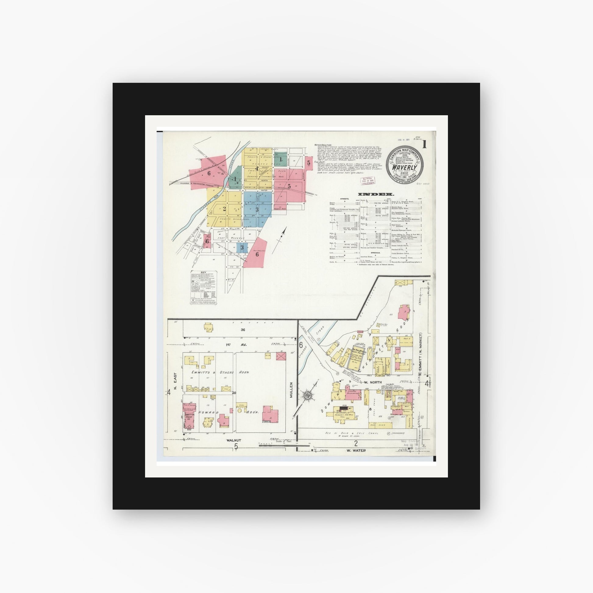 Old map wall art mockup — black gallery frame with white mat — Sanborn Fire Insurance Map from Waverly, Pike County, Ohio (1911), Sheet #0001