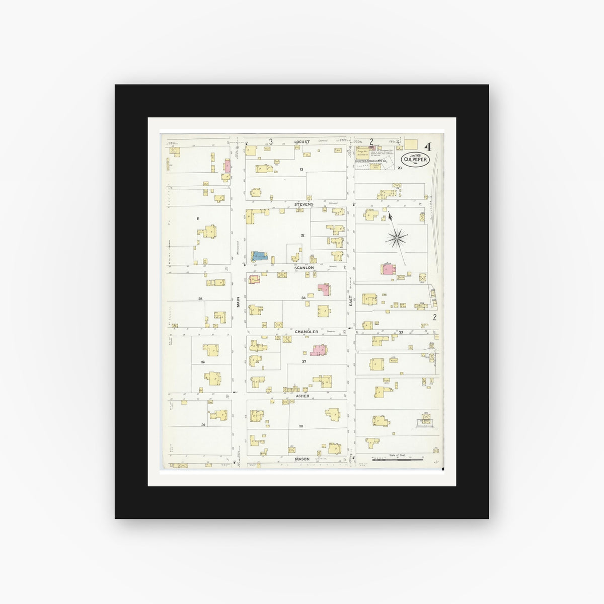 Old map wall art mockup — black gallery frame with white mat — Sanborn Fire Insurance Map from Culpeper, Culpeper County, Virginia (1908), Sheet #0004