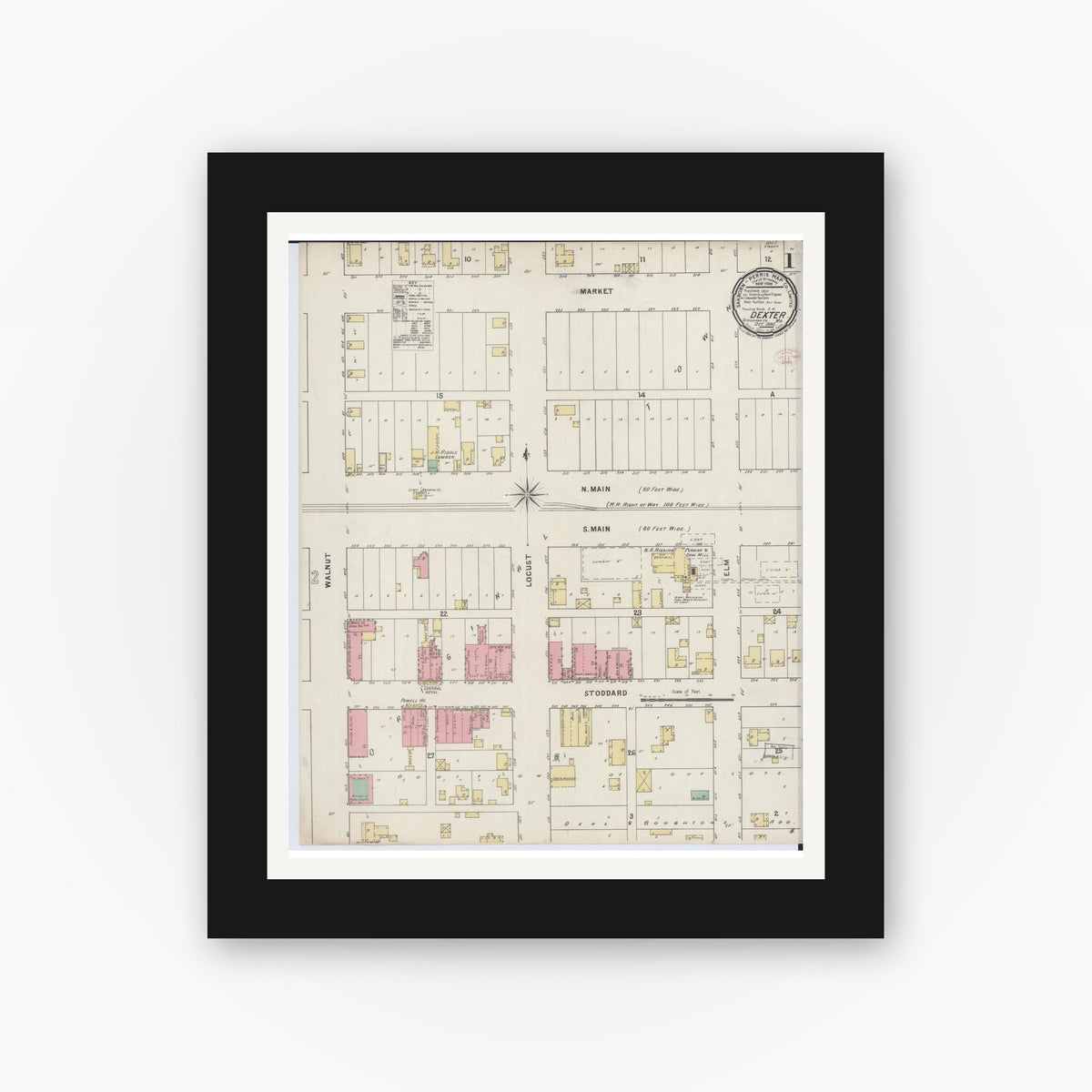 Old map wall art mockup — black gallery frame with white mat — Sanborn Fire Insurance Map from Dexter, Stoddard County, Missouri (1895) - Complete Map Set
