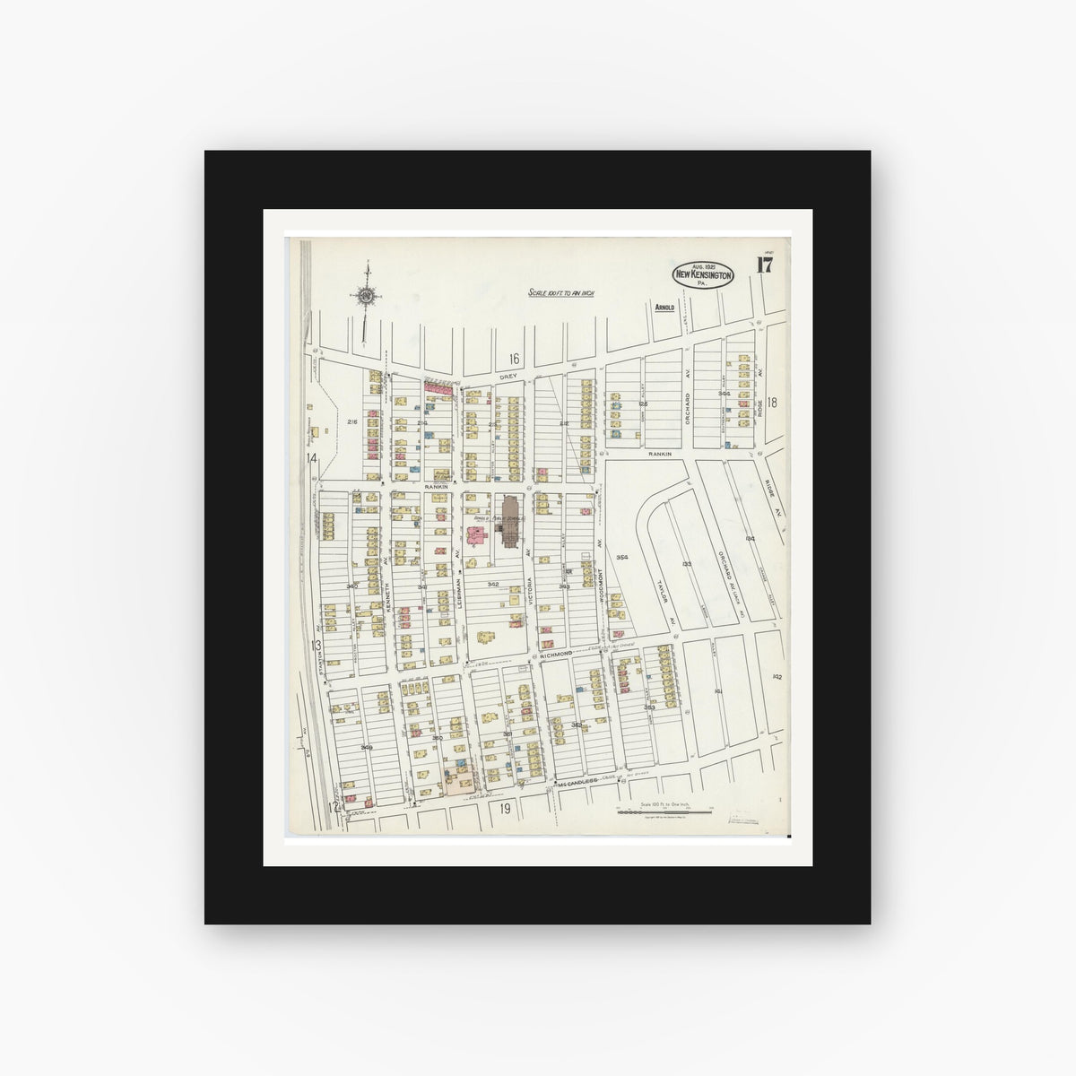 Old map wall art mockup — black gallery frame with white mat — Sanborn Fire Insurance Map from New Kensington, Westmoreland County, Pennsylvania (1921), Sheet #0017