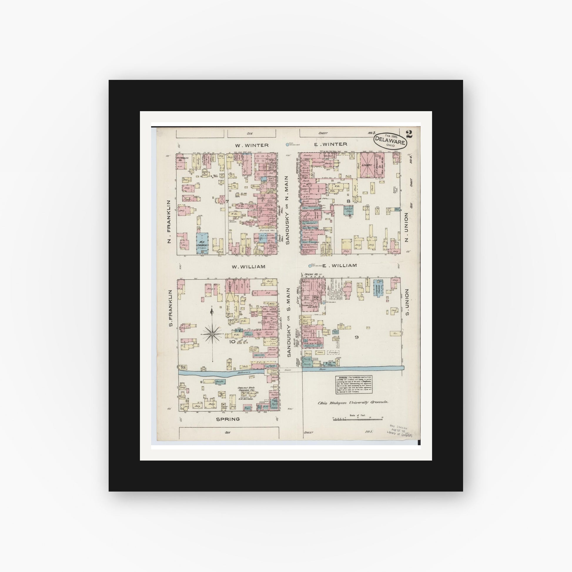 Old map wall art mockup — black gallery frame with white mat — Sanborn Fire Insurance Map from Delaware, Delaware County, Ohio (1885), Sheet #0002
